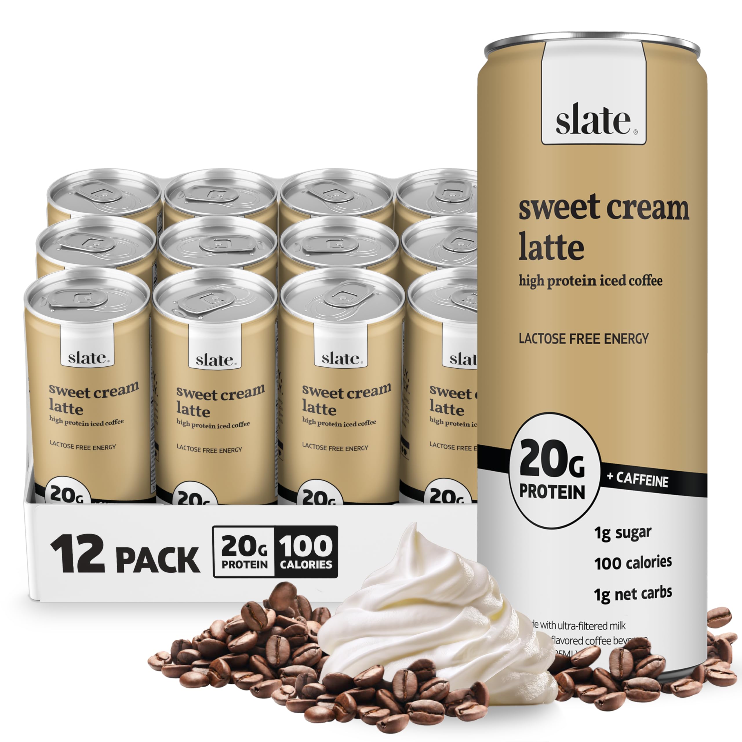 Slate Milk - High Protein Milkshake - French Vanilla - Lactose-Free, 20g Protein, 1g Sugar, 100 Calories, 1g Net Carbs, No Added Sugar - Natural, Breakfast Boost, Post Workout - 11 fl oz, 12 Cans