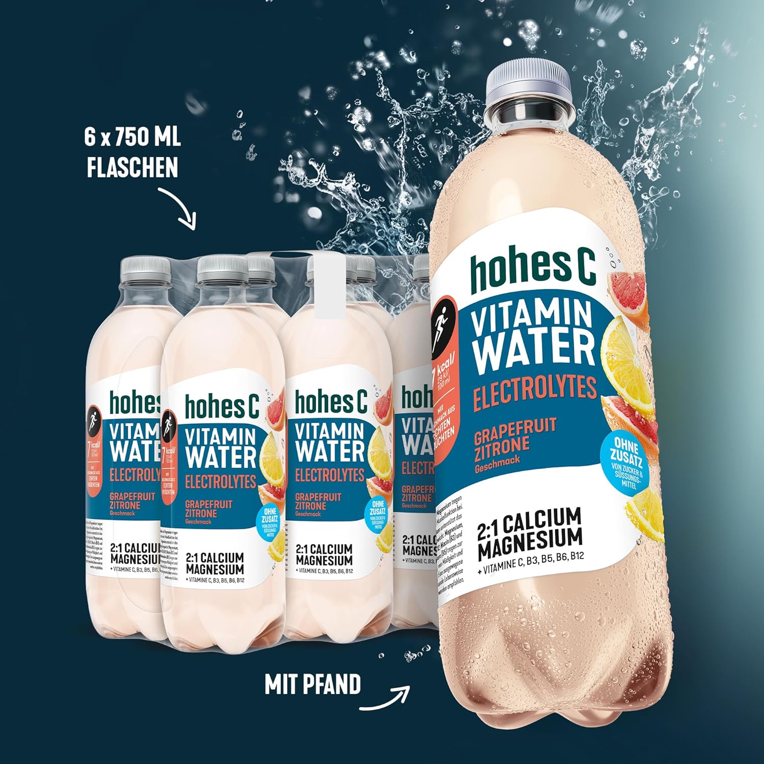 hohes C Vitamin Water Protect Limette & Ingwer (6 x 750ml), für dein Immunsystem: Vitamin C, D, E + Zink, gegen oxidativen Stress, nur 6kcal/100ml, ohne Zuckerzusatz & Süßungsmittel, vegan