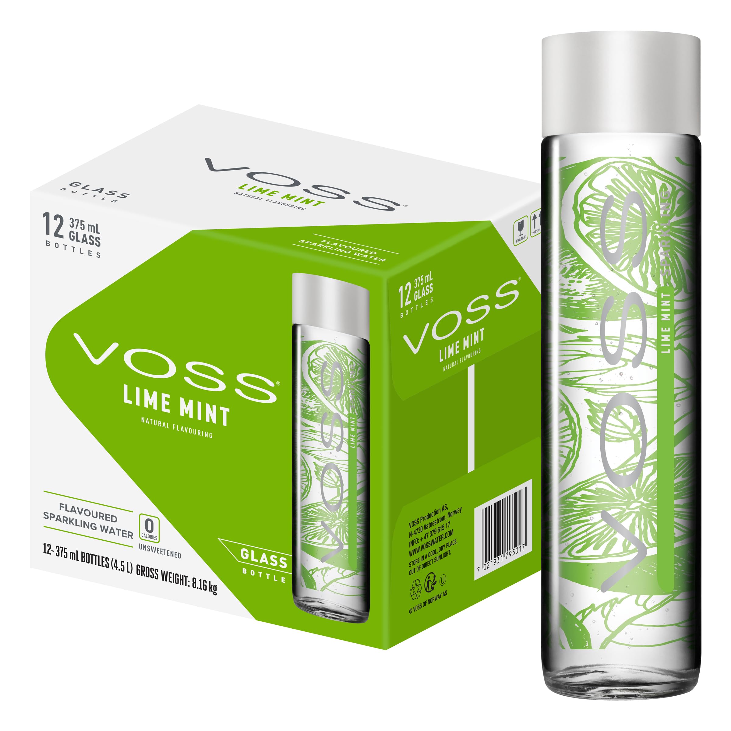 Voss Artesische Lime Mint Sparkling nach Honig Wasser (375 ml) Glas Flasche – 12 Pack