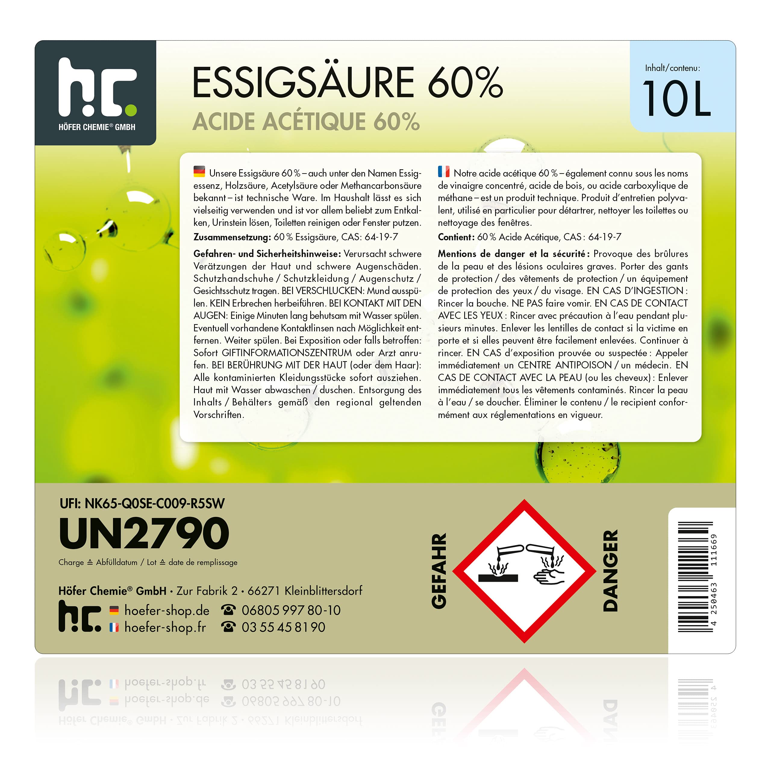 Höfer Chemie 2 x 10 L Essigsäure 60% - optimaler Reiniger und Entkalker - Premium Qualität Made in Germany - frisch abgefüllt im handlichen Kanister