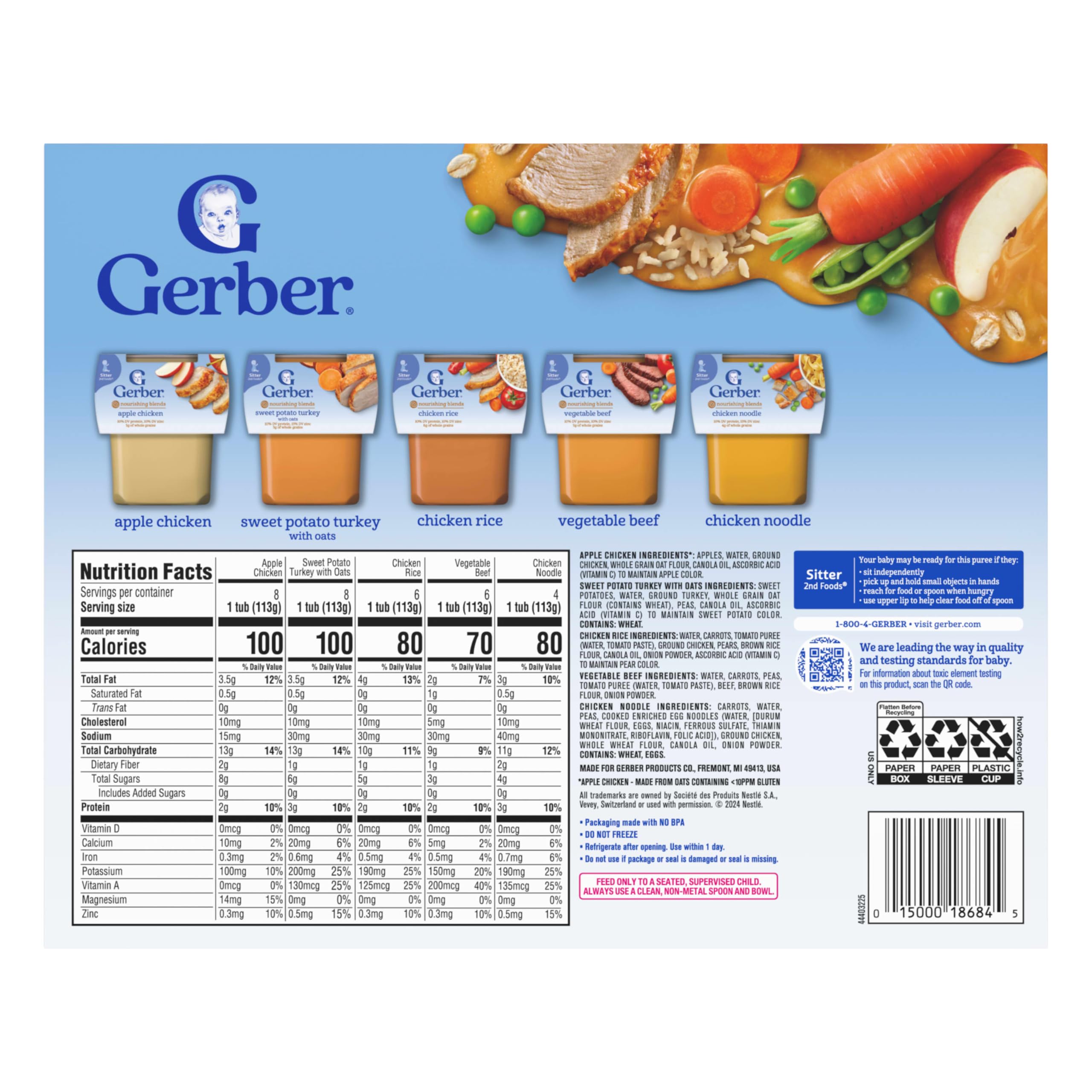 Gerber Stage 2 Baby Food, Nourishing Blends Tubs, Meat Meals Powerblend, Baby Puree, Variety Pack, 32PK