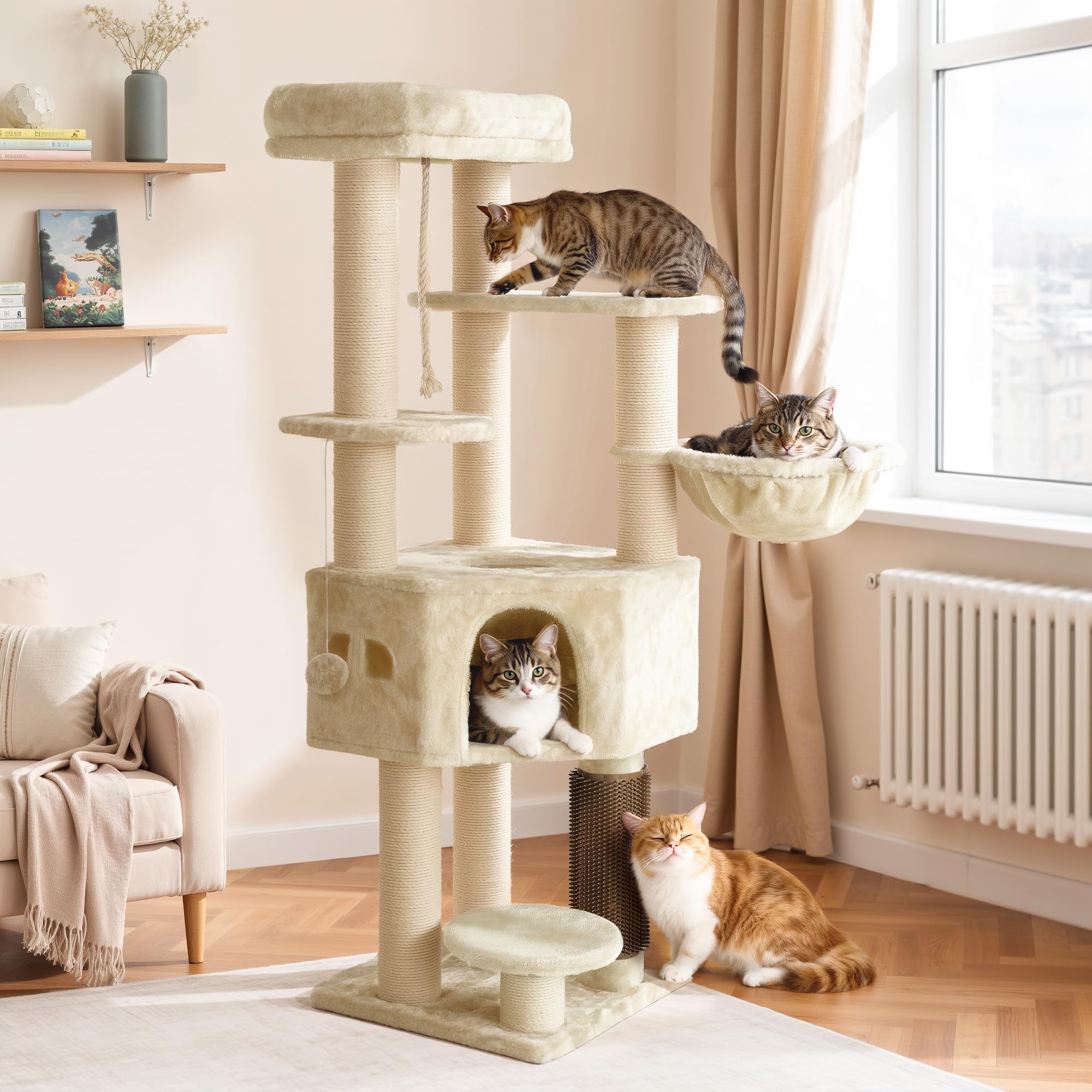 YITAHOME Kratzbaum, Katzenkratzbaum, für Große Katze, Katzenbaum, Katzenbürsten, 11 cm Dicke Stämme, Große Plattformen, Plüschkissen, Höhle, 50 x 50 x 157 cm, Beige