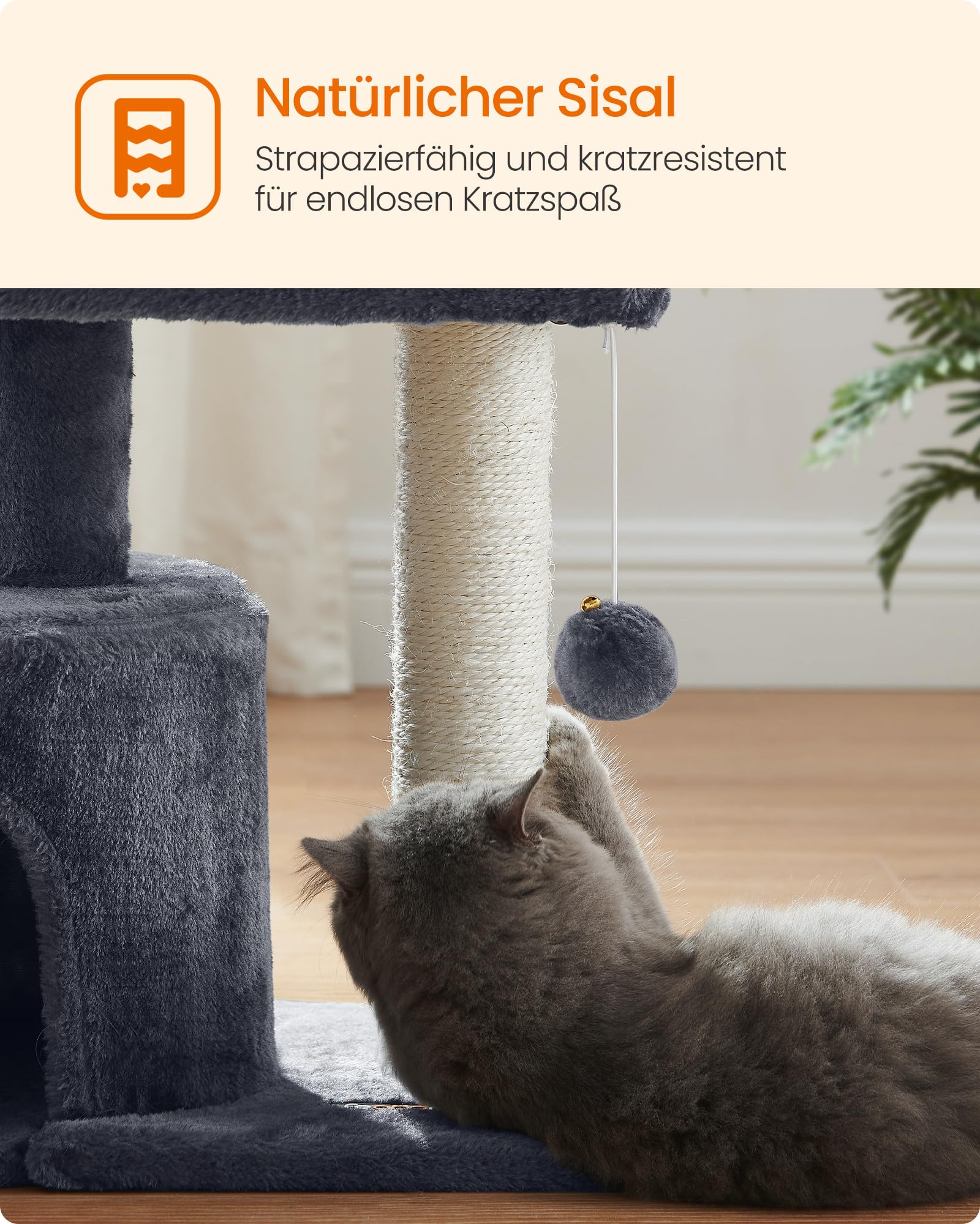 Feandrea Kratzbaum klein, Katzenbaum mit Sisalstamm, Katzenkratzbaum mit gepolsterter Plattforme, für Kätzchen, hellgrau PCT50W