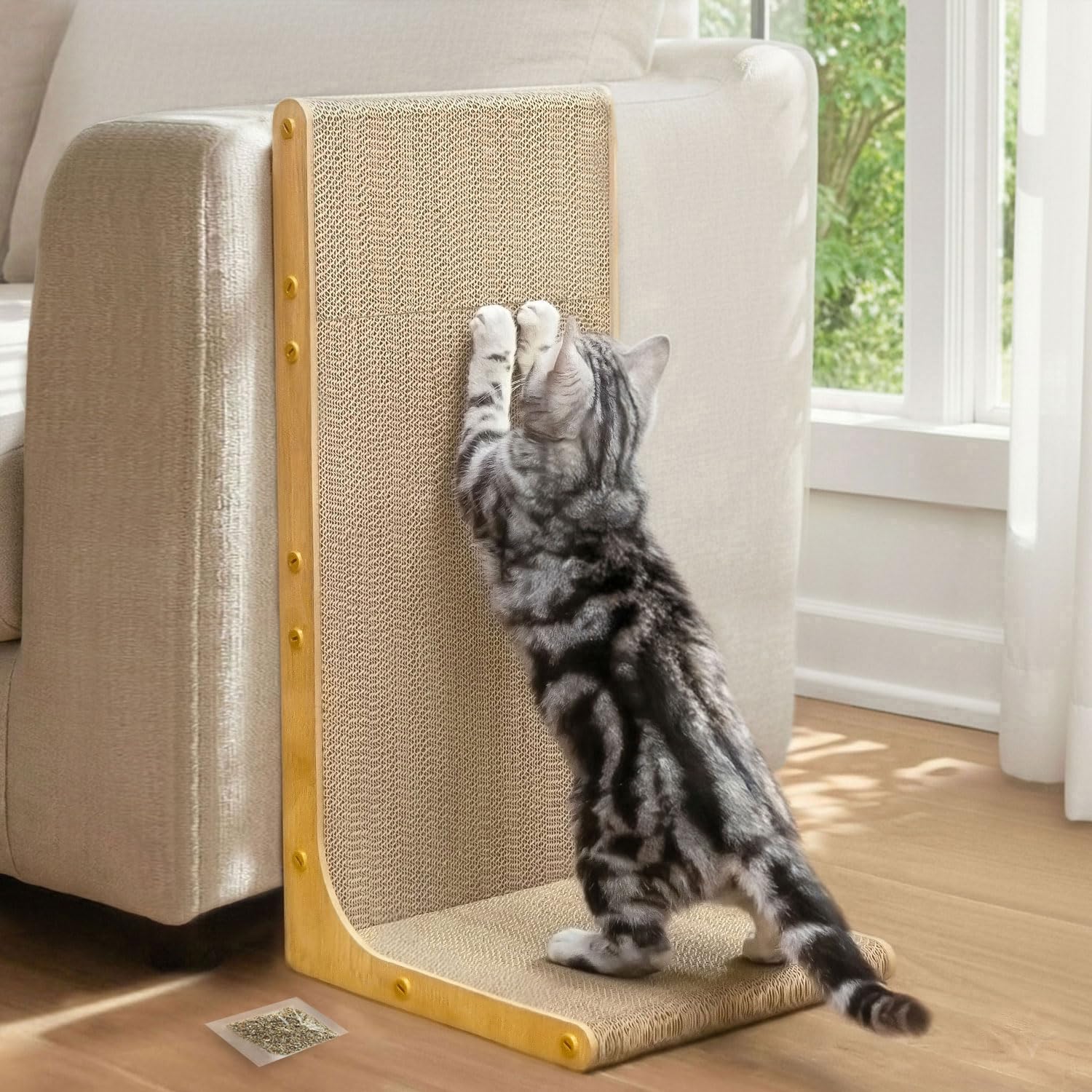 Conlun Kratzbrett für Katzen, 58 cm L-förmige Wandmontage, vertikale Kratzfläche, strapazierfähige Pappe zum Möbelschutz für Wohnungskatzen, Groß,Holzoptik