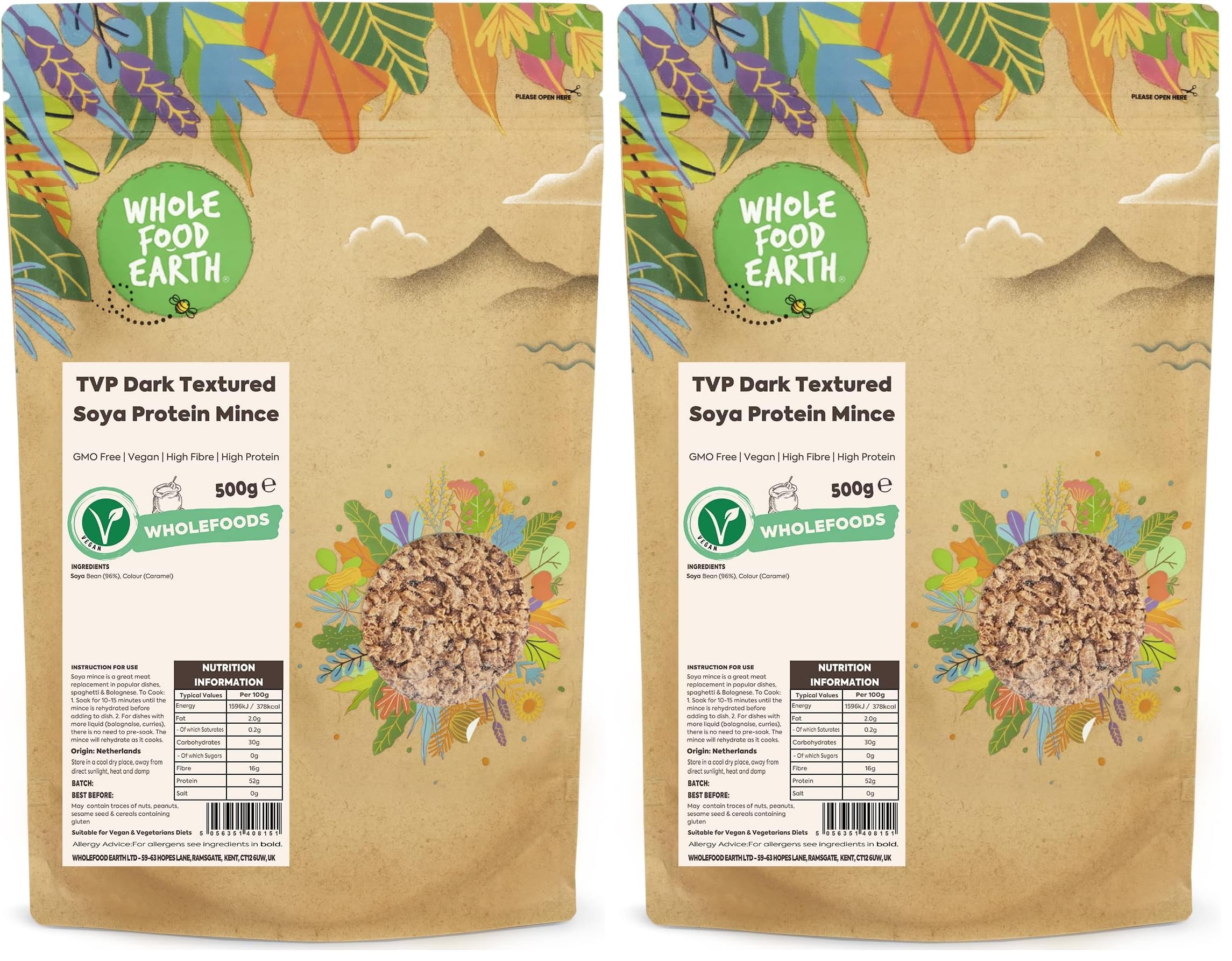 Wholefood Earth TVP Soja-Protein Hackfleisch - Vegan, GMO-frei, ohne Zucker - 1kg