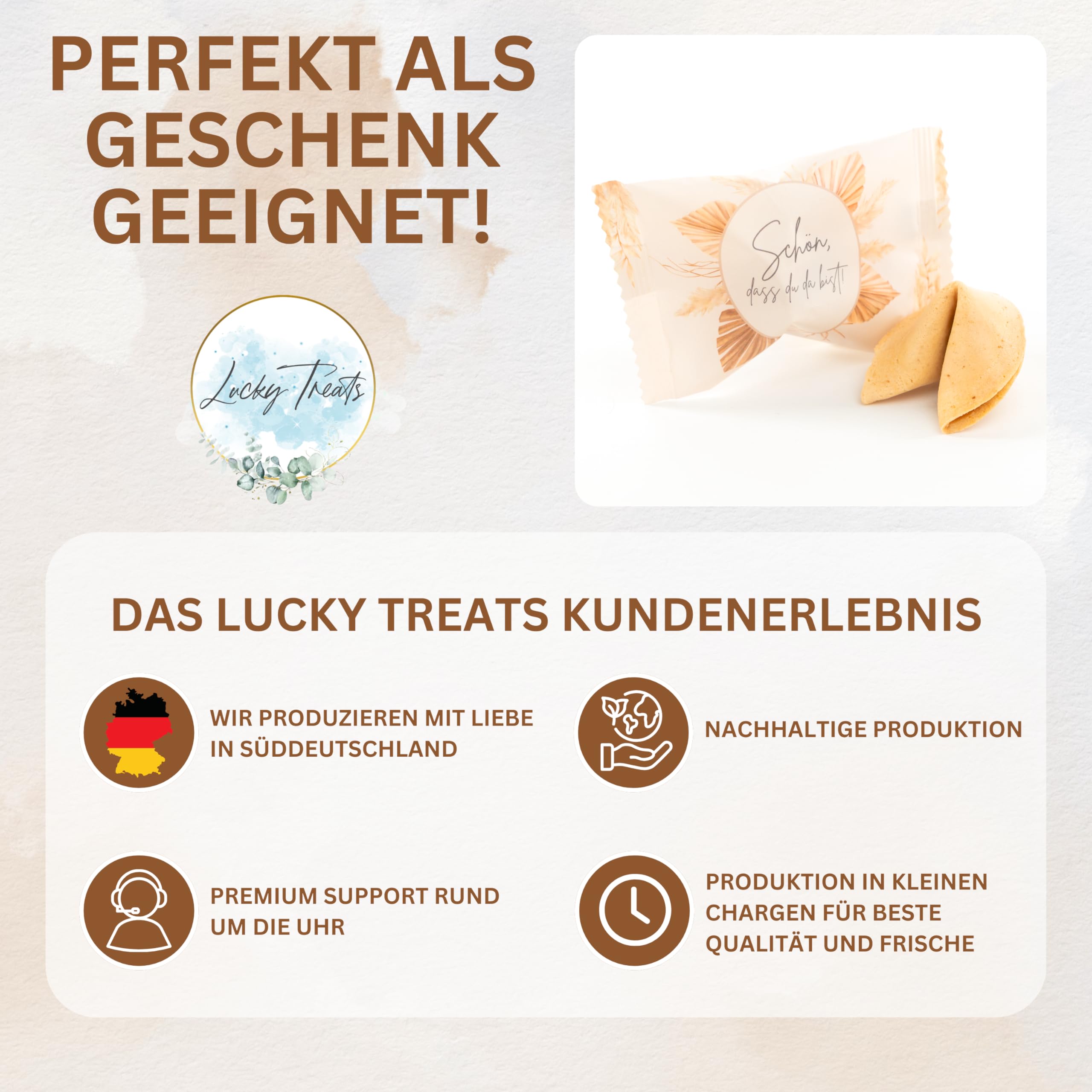 Lucky Treats Glückskekse - 25 Stück - Schön, dass du da bist - Gastgeschenke Hochzeit Deko - Sprüche auf Deutsch & Englisch - regional hergestellt