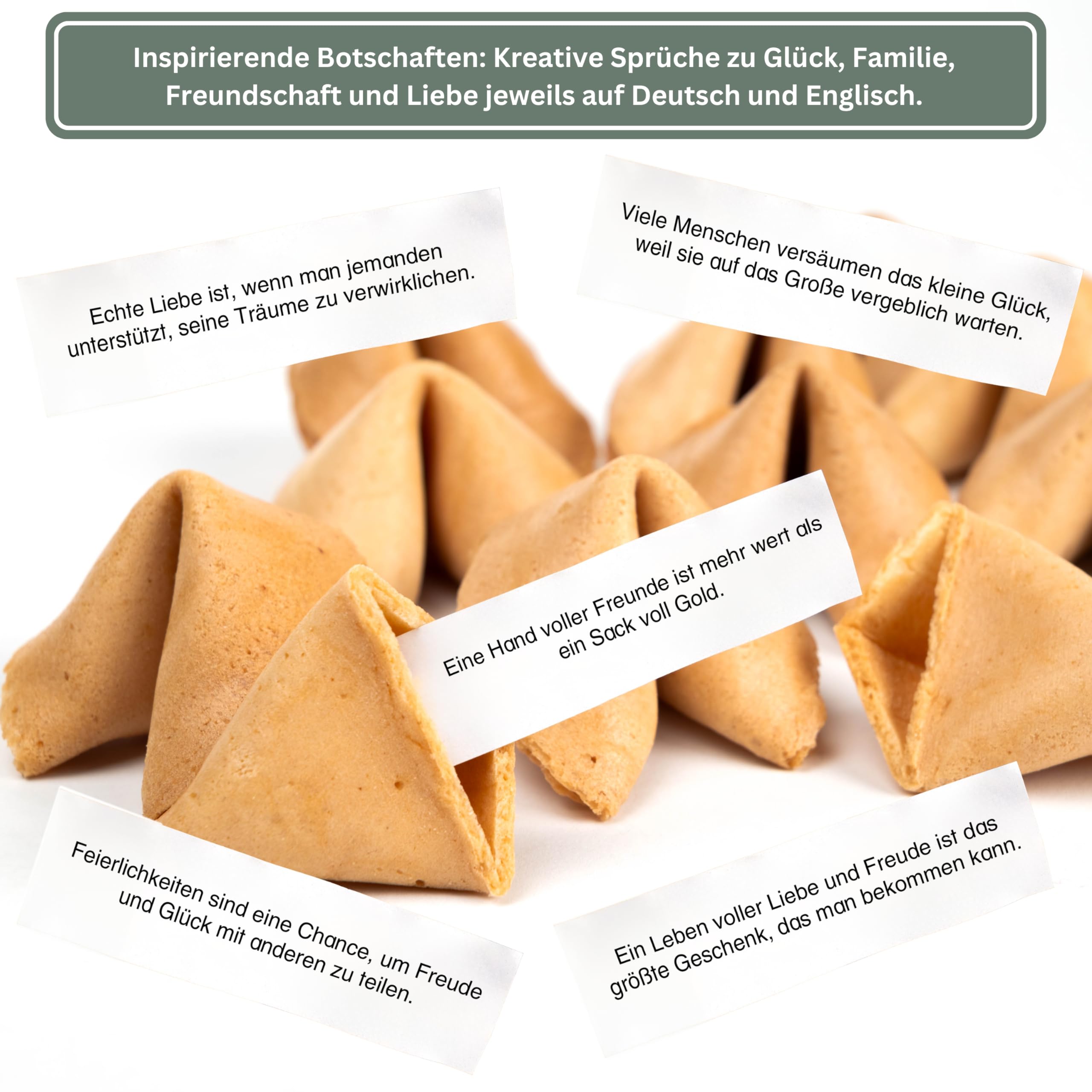Lucky Treats Glückskekse - 25 Stück - Schön, dass du da bist - Gastgeschenke Hochzeit Deko - Sprüche auf Deutsch & Englisch - regional hergestellt