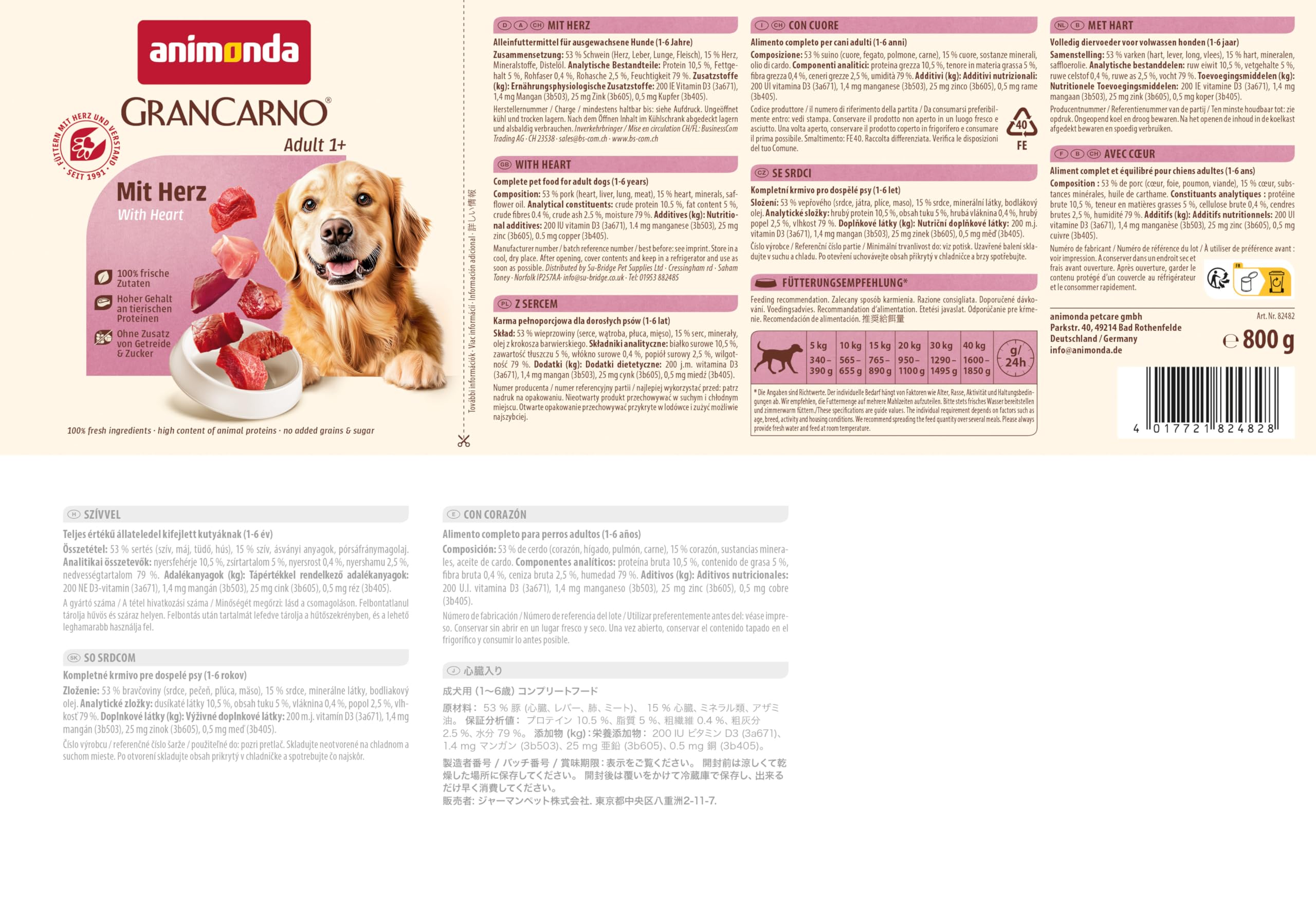 animonda GranCarno Hunde Nassfutter mit Rind + Entenherzen (6 x 800 g), getreidefreies Hundenassfutter ohne Zucker, für ausgewachsene Hunde, mit frischen fleischigen Zutaten
