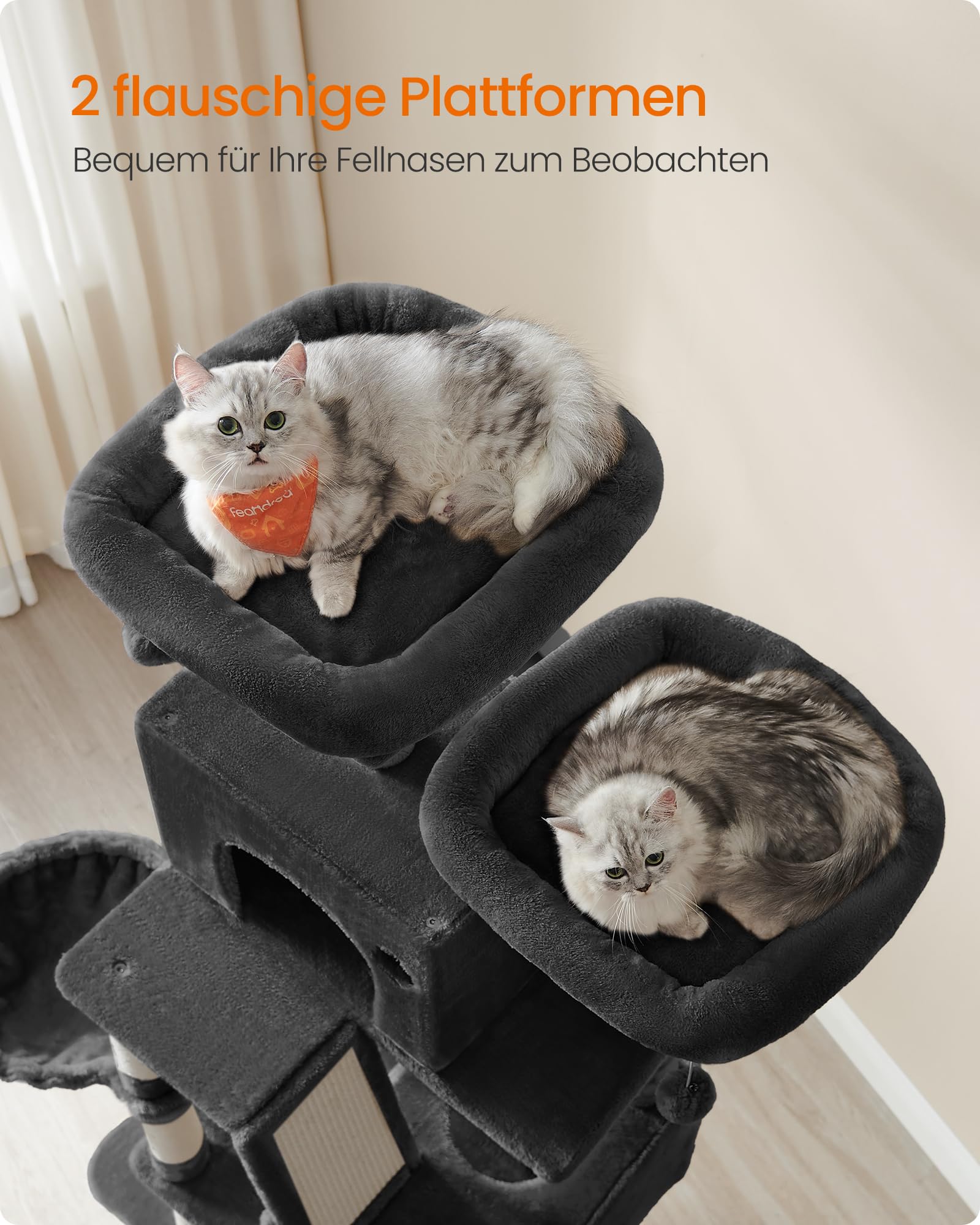 Feandrea Kratzbaum groß, 203,5 cm hoch, XXL Katzenbaum, mit 13 Kratzsäulen, 2 Plattformen, 2 Höhlen, Korb, Hängematte, Plüschbälle, mehrstöckiger Katzenkratzbaum, rauchgrau PCT190G01