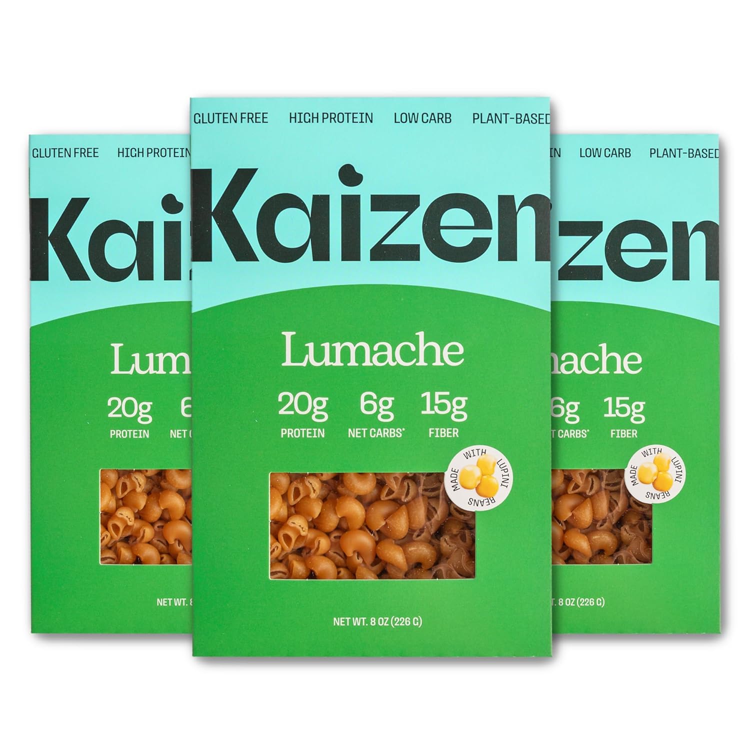 Kaizen Low Carb Keto Pasta Fusilli - High Protein (20g), Gluten-Free, Keto-Friendly (6g Net), Plant-Based Lupini Noodles made w/High Fiber Lupin Flour - 8 ounces (Pack of 3)