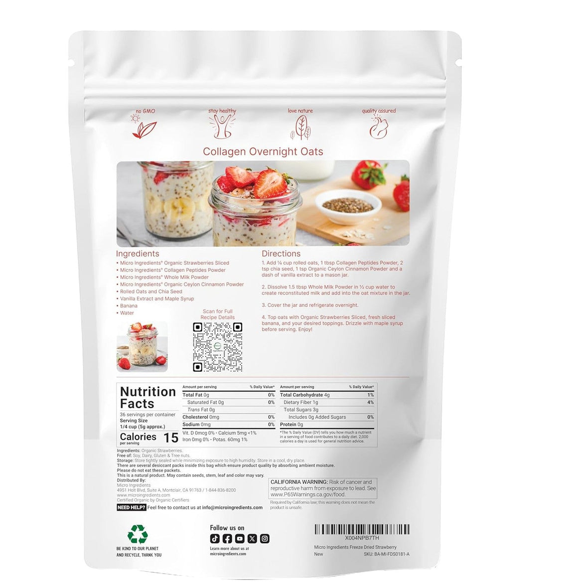 Micro Ingredients Organic Strawberries Sliced, 6.4oz | 100% Natural Fruit | Freeze Dried Strawberry Source | No Sugar & Additives | Healthy Snack & Topping for Beverages or Recipes | Non-GMO, Vegan