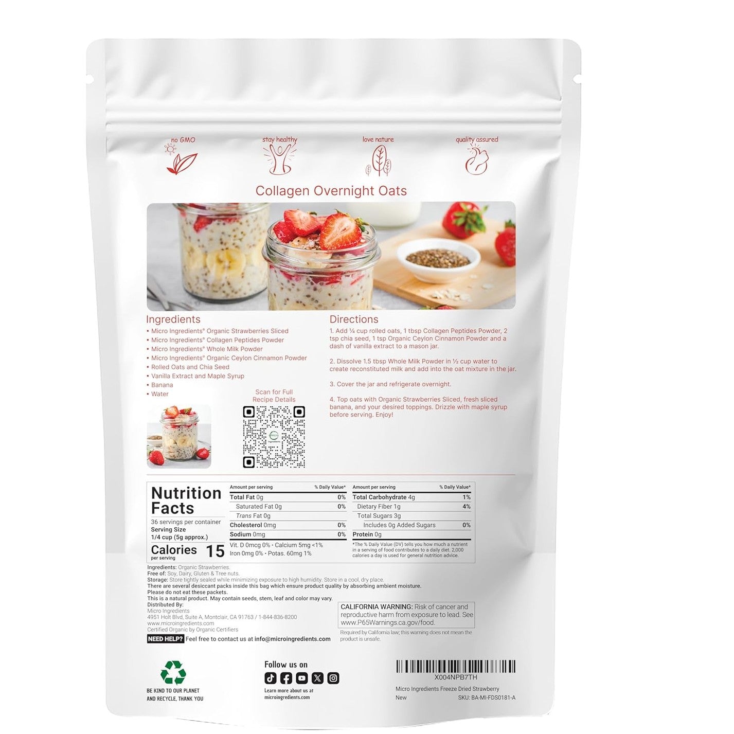 Micro Ingredients Organic Strawberries Sliced, 6.4oz | 100% Natural Fruit | Freeze Dried Strawberry Source | No Sugar & Additives | Healthy Snack & Topping for Beverages or Recipes | Non-GMO, Vegan
