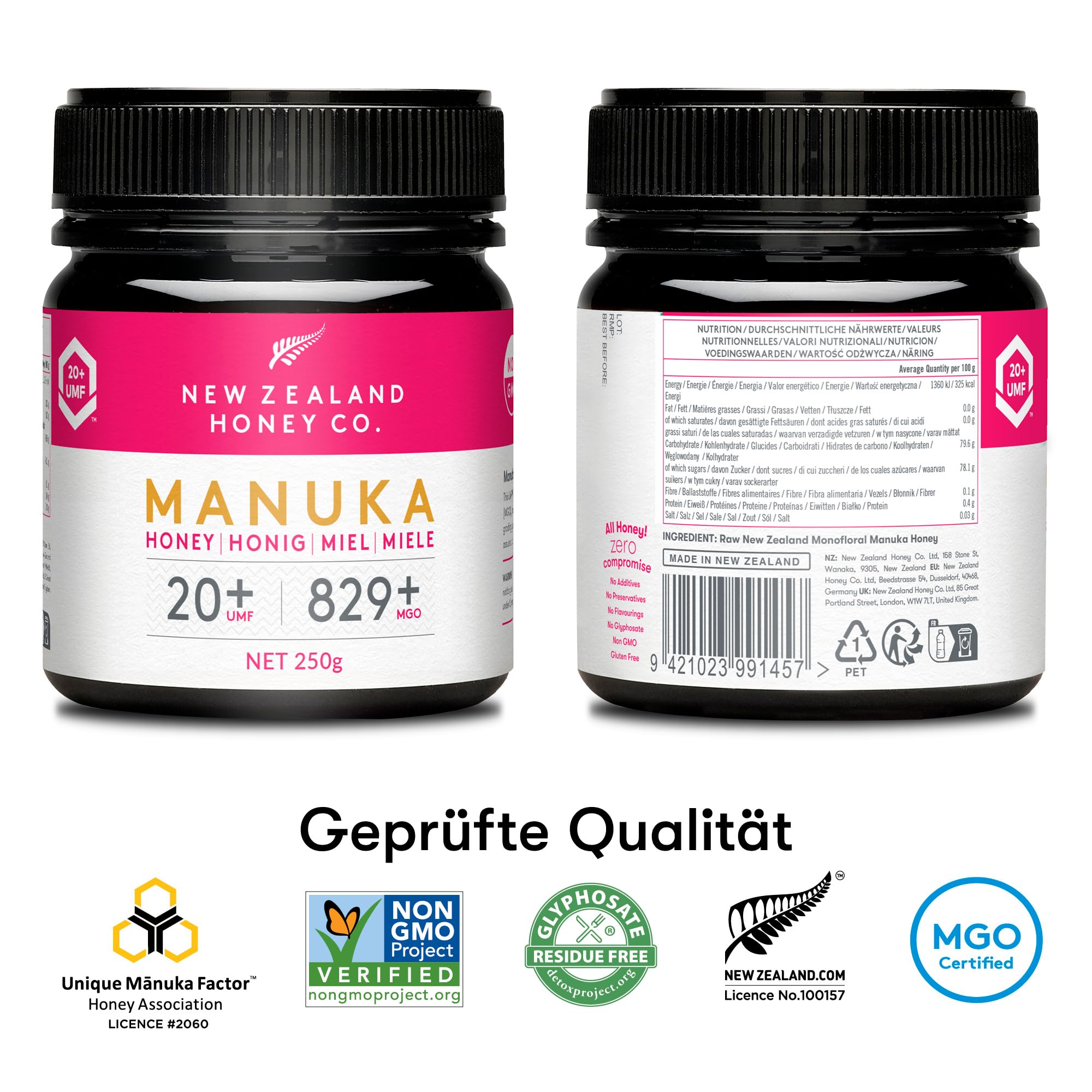 New Zealand Honey Co. Manuka Honig MGO 829+ / UMF 20+ | Aktiv und Roh - Hergestellt in Neuseeland - Zertifiziertem Methylglyoxal Gehalt - 250g - Raw Honey - Rohhonig