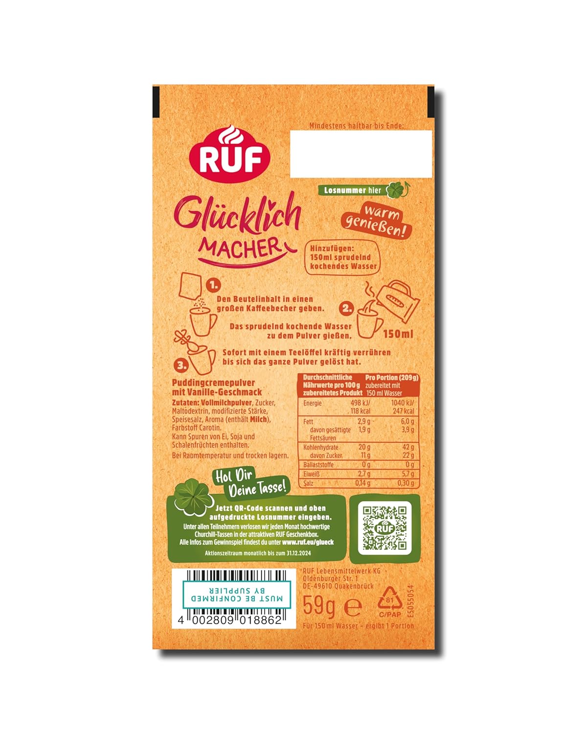 RUF Glücklichmacher Tassenpudding Schokolade, Cremepudding für schnelle Desserts, Tassencremepudding, nur Wasser hinzufügen, 1 x 59g Beutel