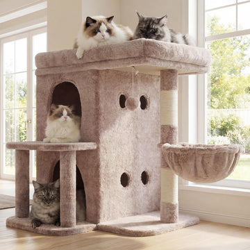 Heybly Kratzbaum, 65 cm Hoher Katzenbaum mit Extra-Großer Plattform, Gestuftes Katzenmöbel mit Doppelhaus, Inklusive Sisal-Kratzsäule, Katzenkorb und Spielzeug für Katzen, Hellgrau HCT204SW
