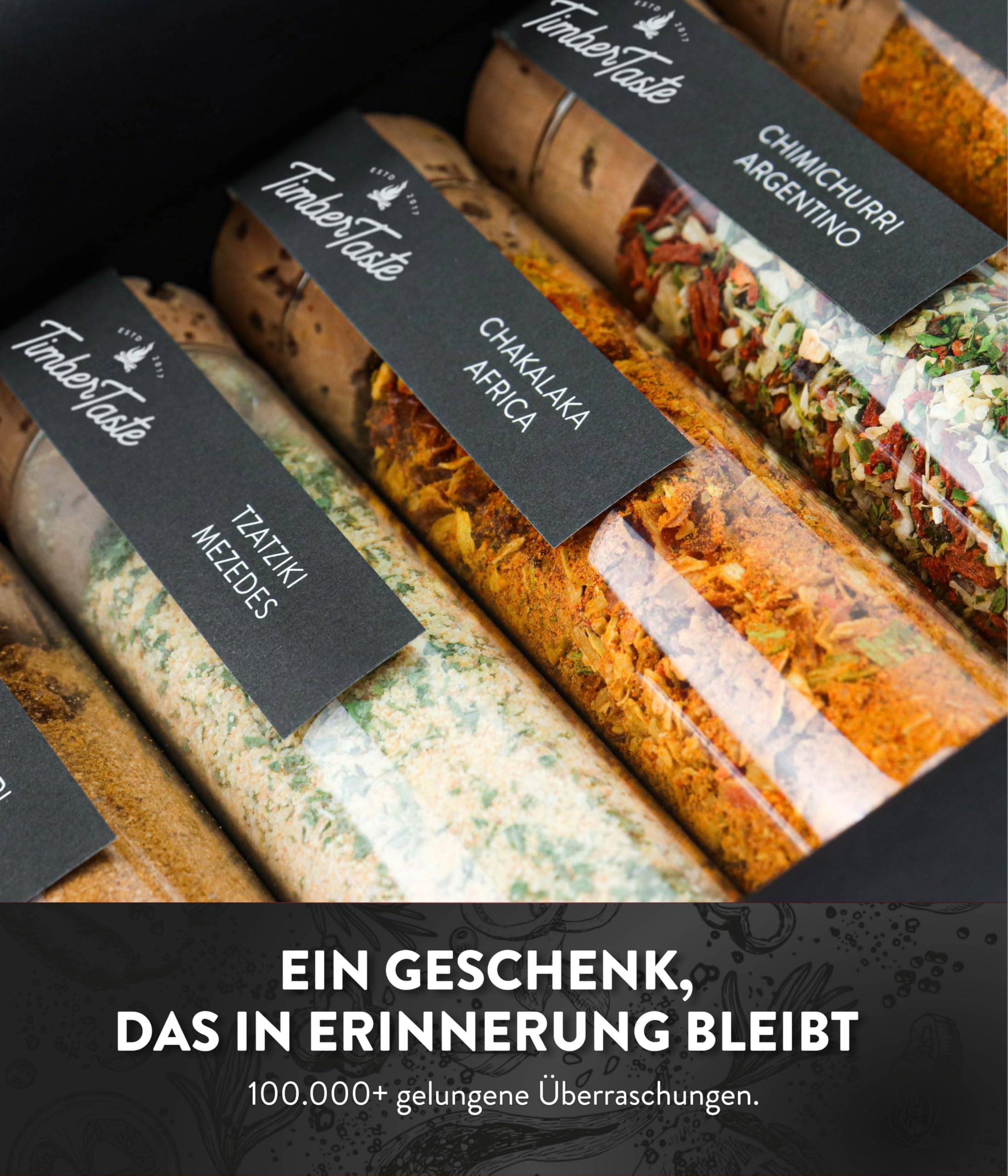 TIMBER TASTE® Grillgewürze Geschenkset - 5 premium BBQ Gewürze Rubs & Marinaden in edler Geschenkbox | Geschenke für Männer | Vatertag Geschenk | Gewürze Geschenkset ideal zum Grillen Geschenk Set