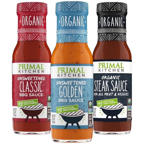 Primal Kitchen Organic Original BBQ, Golden BBQ & Steak Sauce 3-Pack, Made with Real Ingredients, No Cane Sugar or Corn Syrup