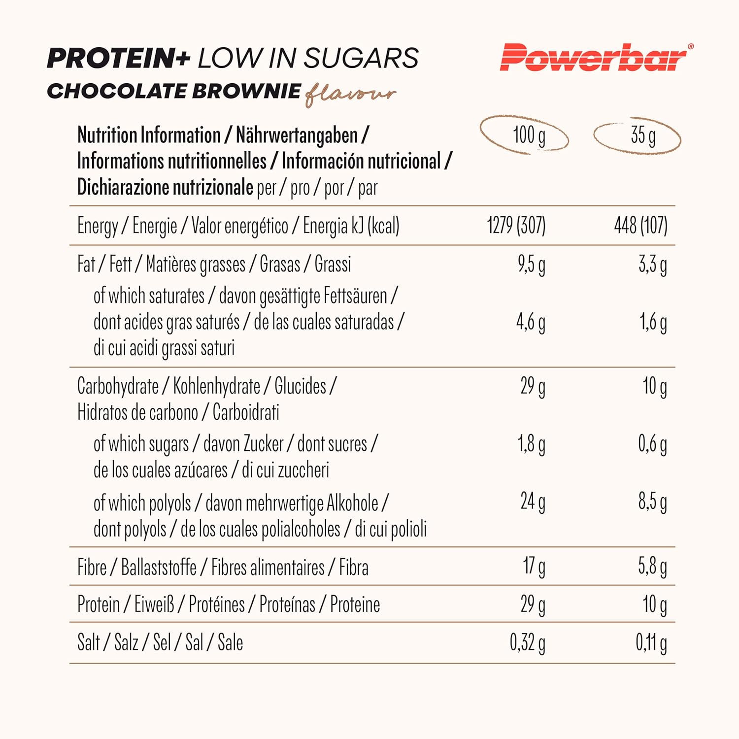 Powerbar - Protein Plus - Low Sugar - Chocolate-Brownie - 30x35g - Riegel mit nur 107 Kcal - Fitnessriegel mit Ballaststoffen