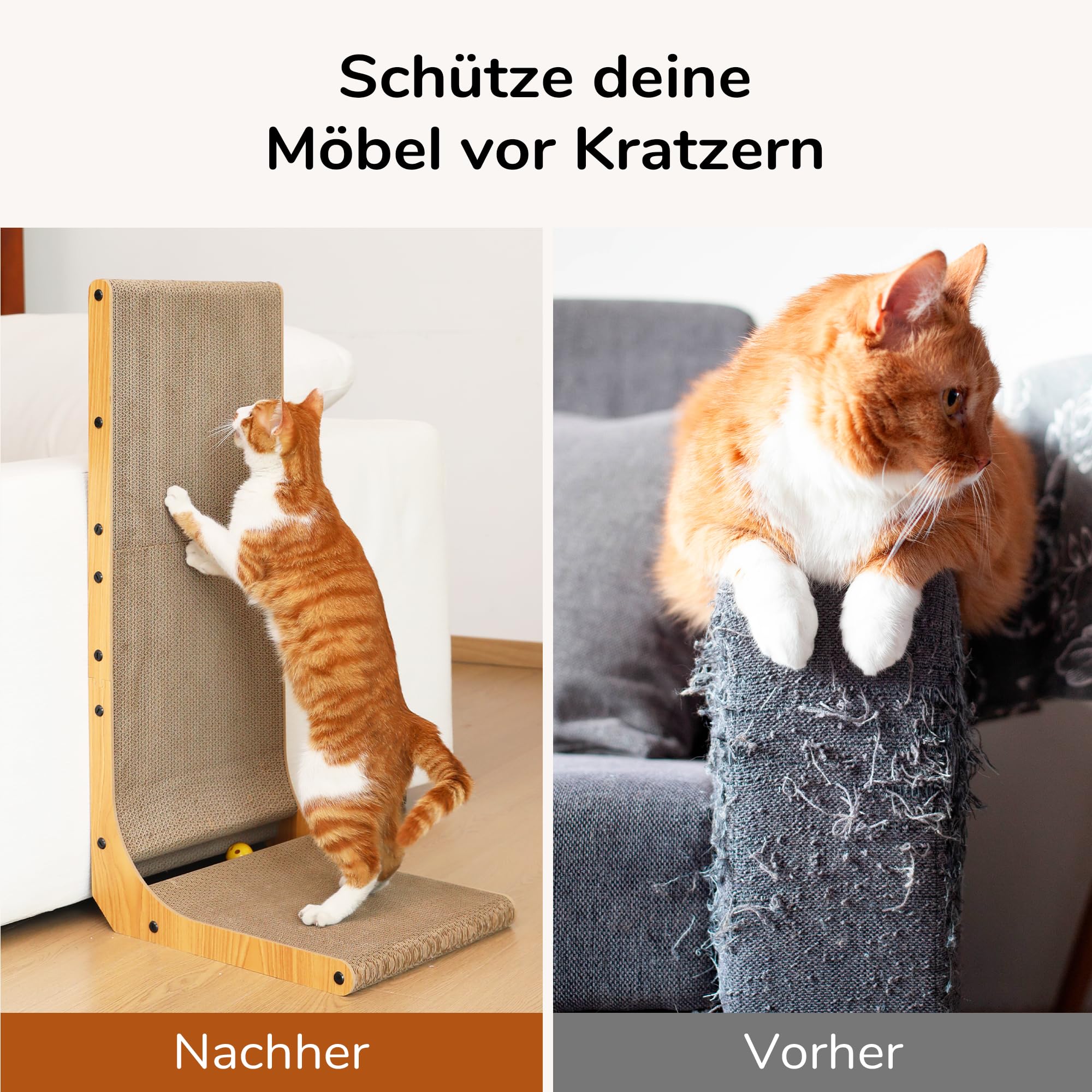 FUKUMARU Kratzbrett Katzen, 68 cm hohe L förmige Kratzpappe für Katzen, widerstandsfähig Katzenkratzbrett mit Ballspielzeug, Kratzmöbel aus hochwertiger Karton für Wand und Ecke, Groß