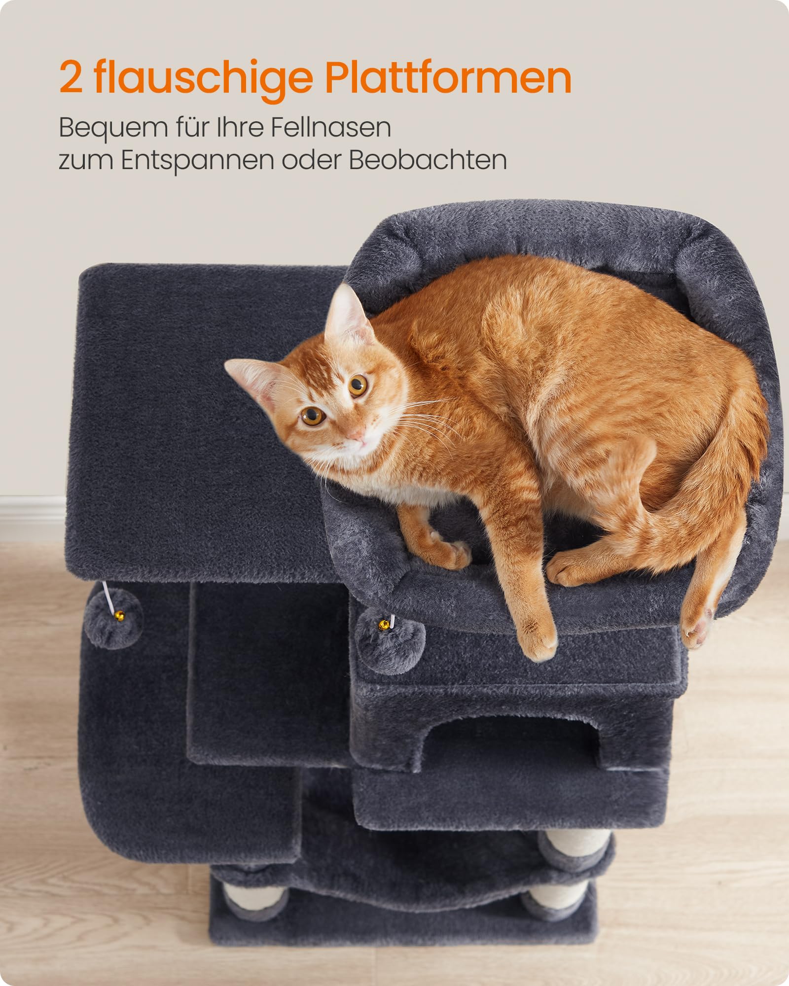 Feandrea Kratzbaum, 143 cm hoch, Katzenbaum, mehrstöckiges Katzenhaus, mit 4 Kratzsäulen, 2 Plattformen, Hängematte, Höhle, hellgrau PCT161W01