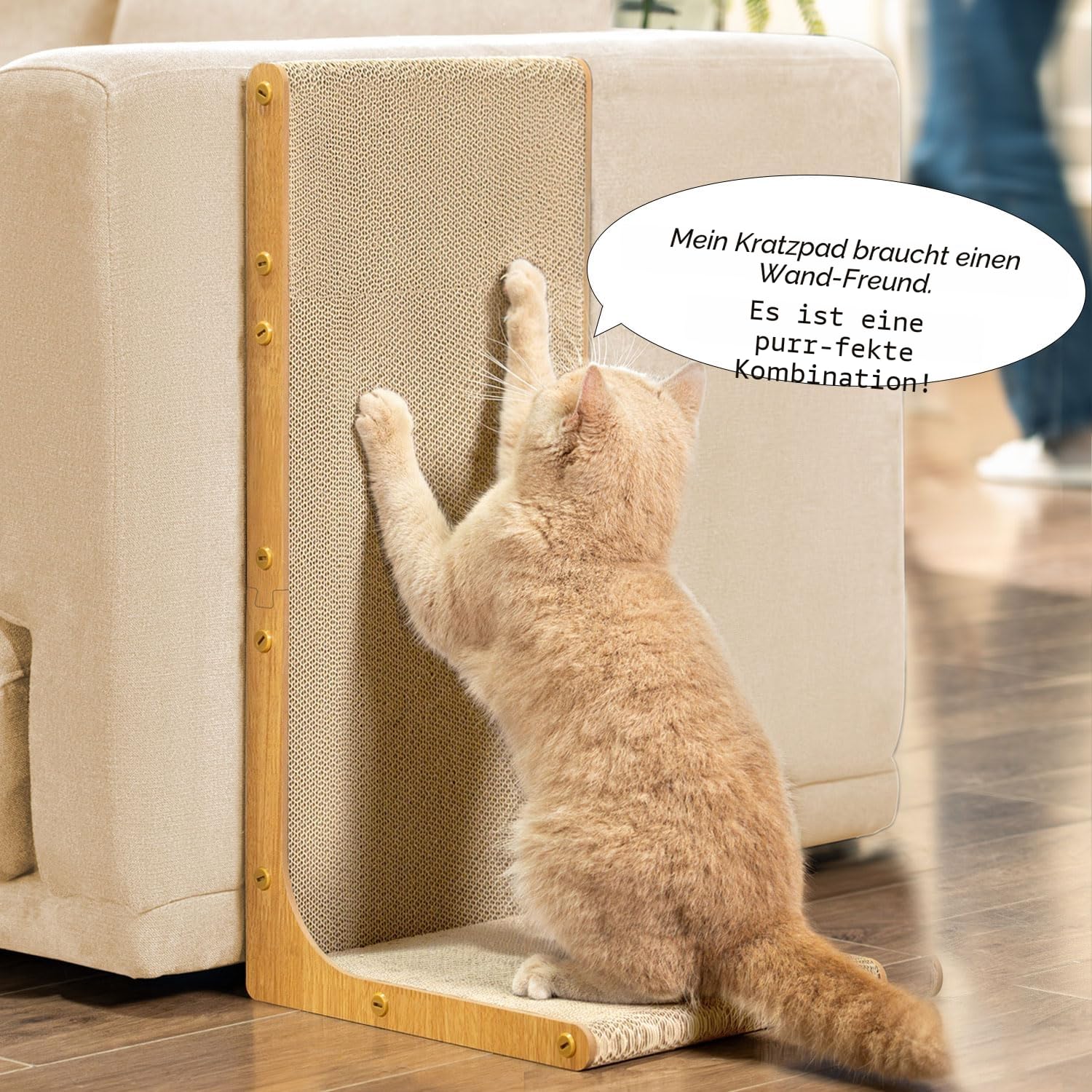 Conlun Kratzbrett für Katzen, 58 cm L-förmige Wandmontage, vertikale Kratzfläche, strapazierfähige Pappe zum Möbelschutz für Wohnungskatzen, Groß,Holzoptik