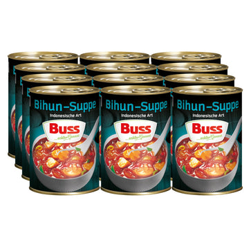 Buss Asia Suppen - Bihunsuppe Original nach indonesischer Art - Milde Asia Suppe mit Paprika, Hühnerfleisch und Glasnudeln - Schnelle Fertiggerichte zum Aufwärmen in Mikrowelle & Topf - 12 x 400g
