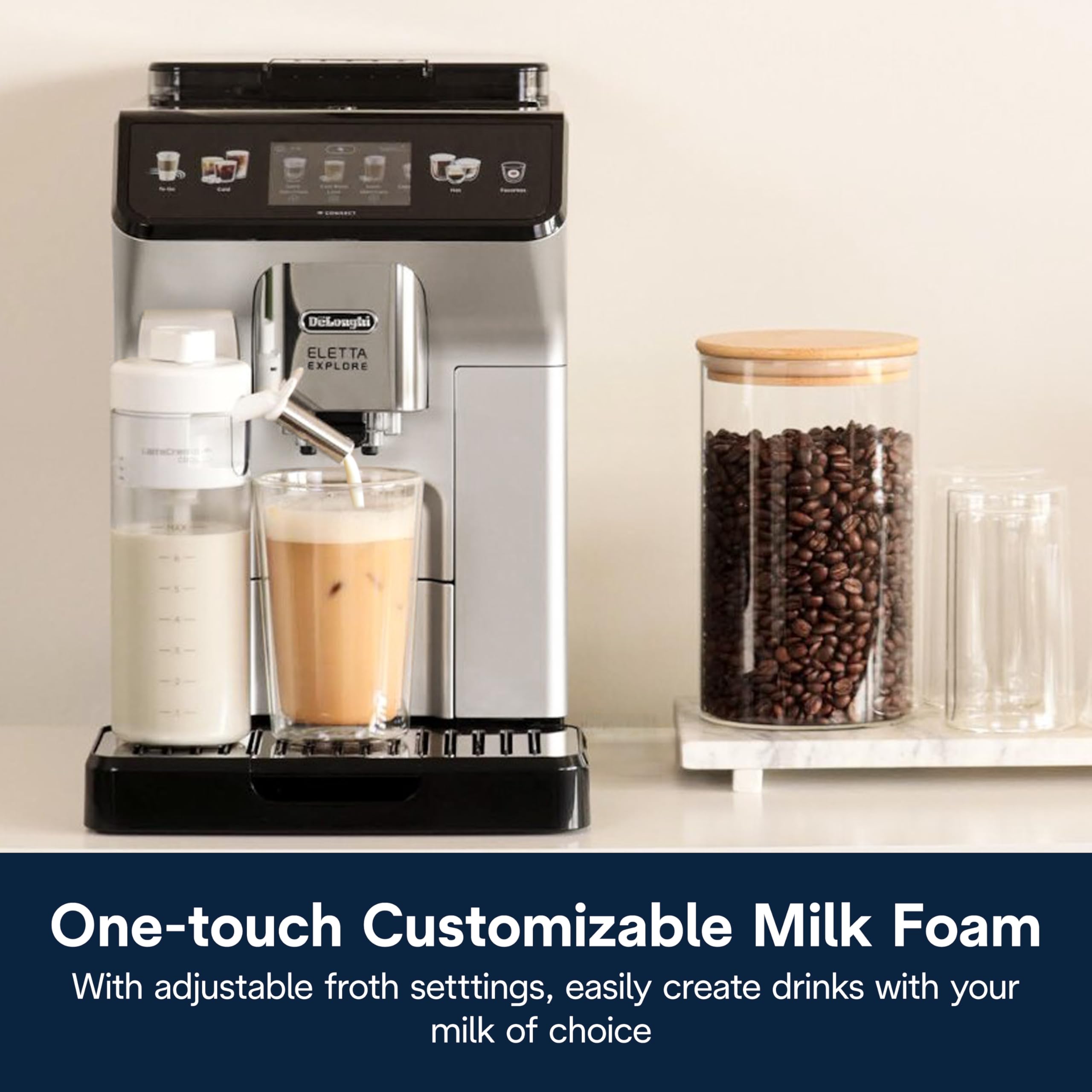 De'Longhi Eletta Explore Espresso Machine with Cold Brew, Hot & Cold Milk Frother - 50+ Recipes, Built in Grinder, Smartphone Compatible with Bean Adapt Technology for Ideal Extraction, 3.8 Pounds