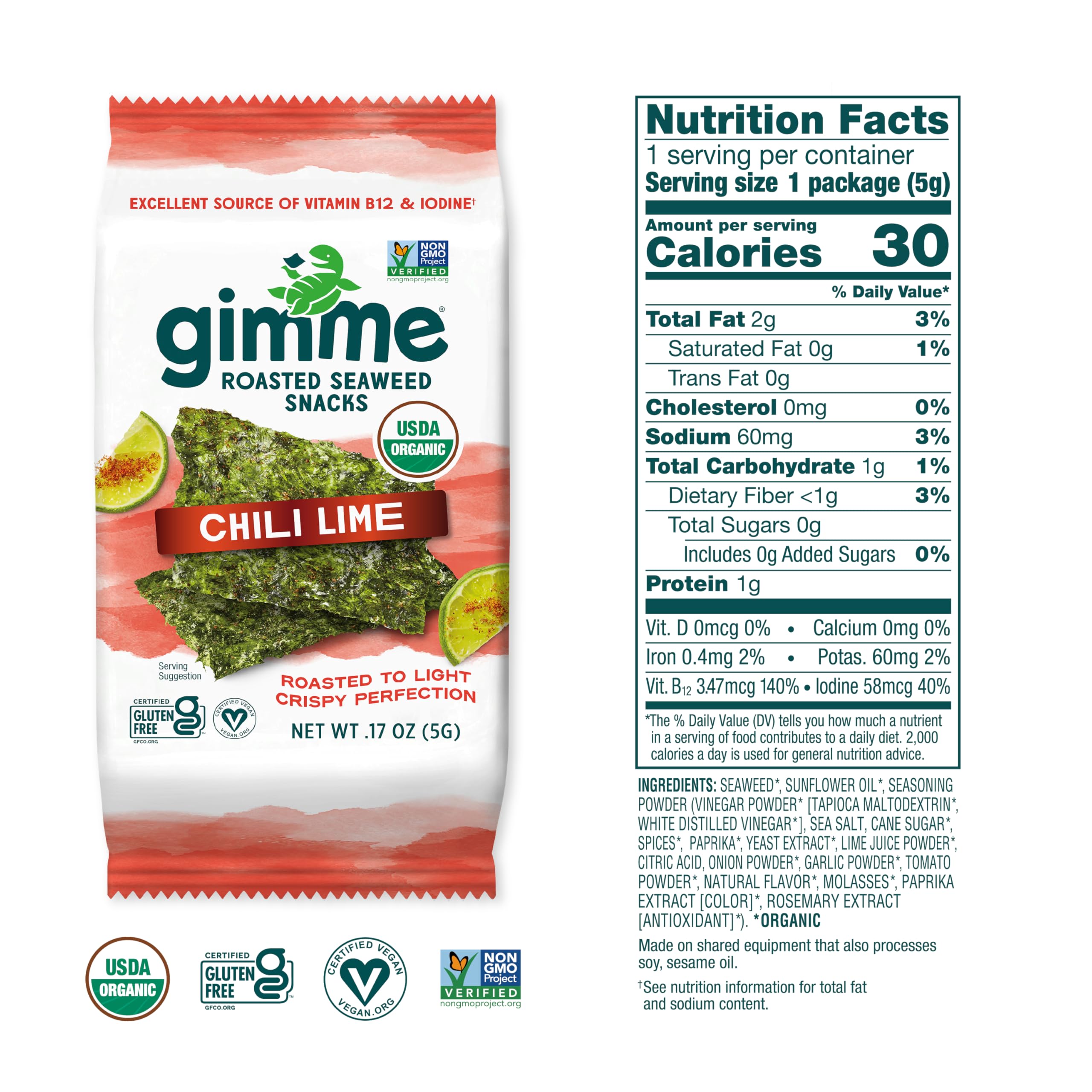 Gimme Seaweed Organic Premium Roasted Seaweed Snacks, Sea Salt, 20 Count, Keto, Vegan, Gluten-Free, Great Source of Omega3s and Iodine, Healthy On-The-Go Snack for Kids and Adults