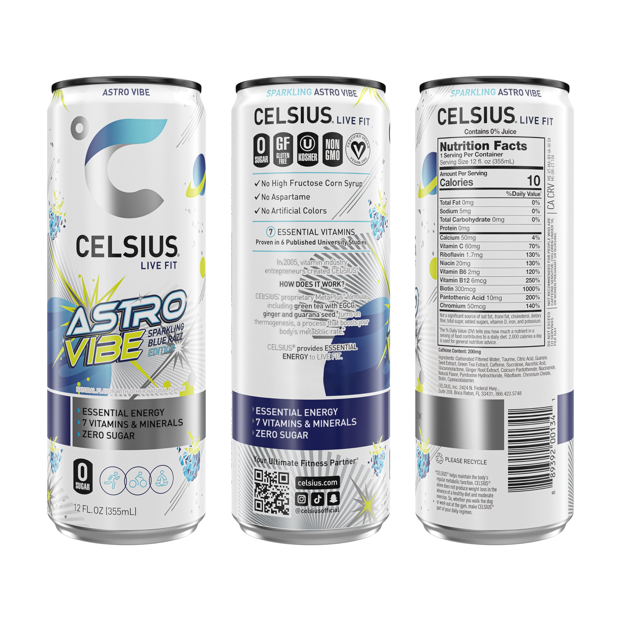 CELSIUS ASTRO VIBE Sparkling Blue Razz, Sugar Free Energy Drink, 12 Fl Oz (Pack of 12)