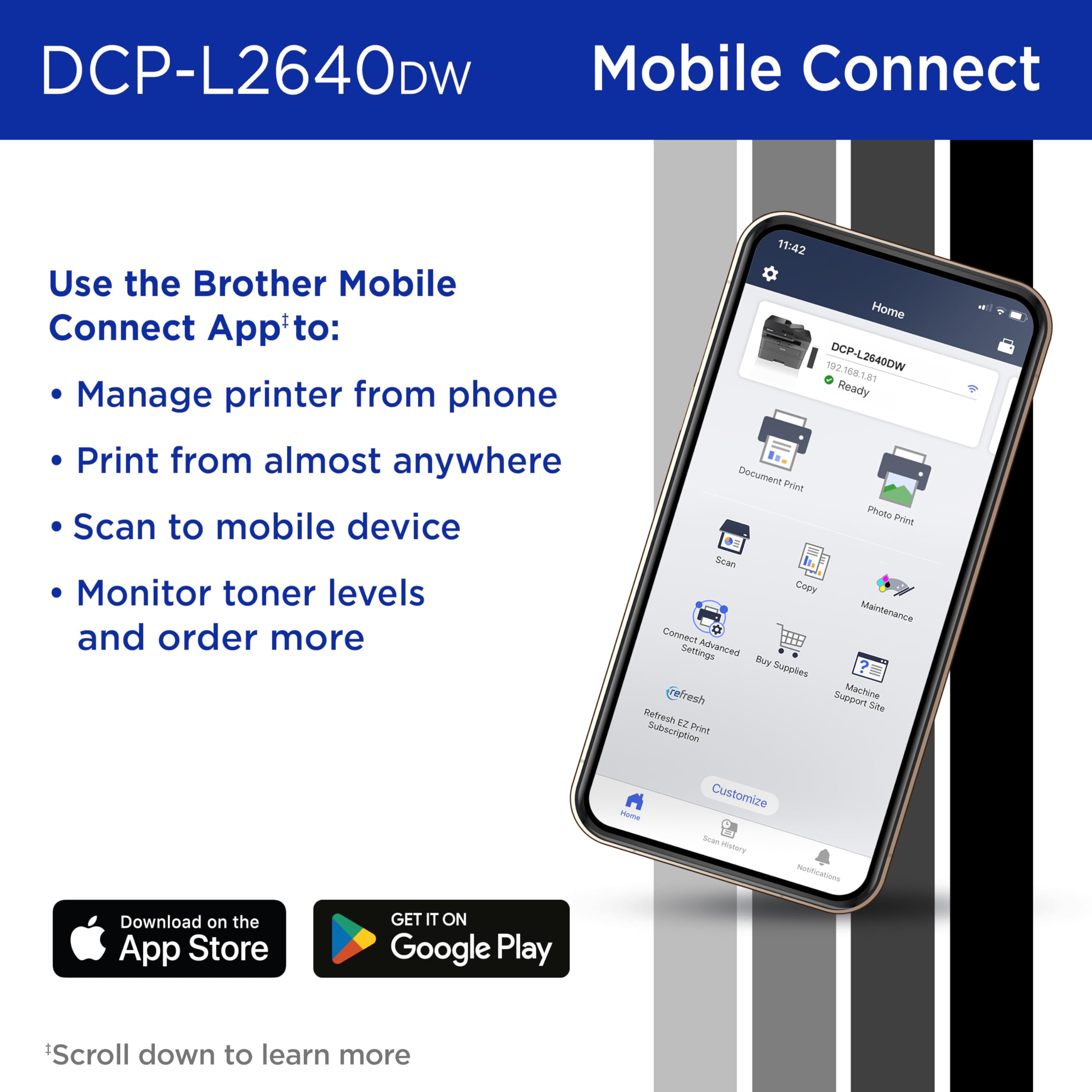Brother DCP-L2640DW Wireless Compact Monochrome Multi-Function Laser Printer with Copy and Scan, Duplex, Mobile, Black & White | Includes Refresh Subscription Trial(1), Works with Alexa