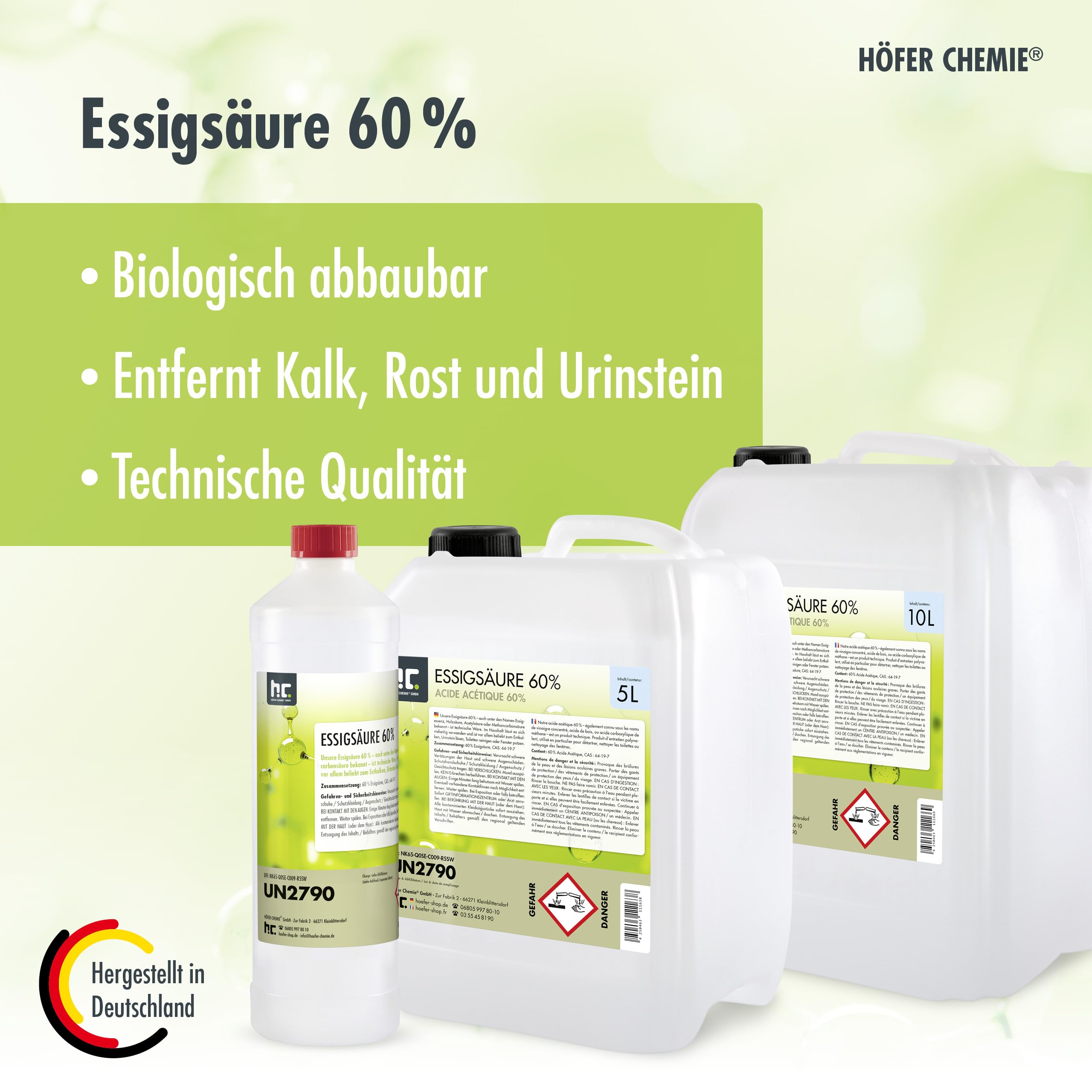 Höfer Chemie 2 x 10 L Essigsäure 60% - optimaler Reiniger und Entkalker - Premium Qualität Made in Germany - frisch abgefüllt im handlichen Kanister