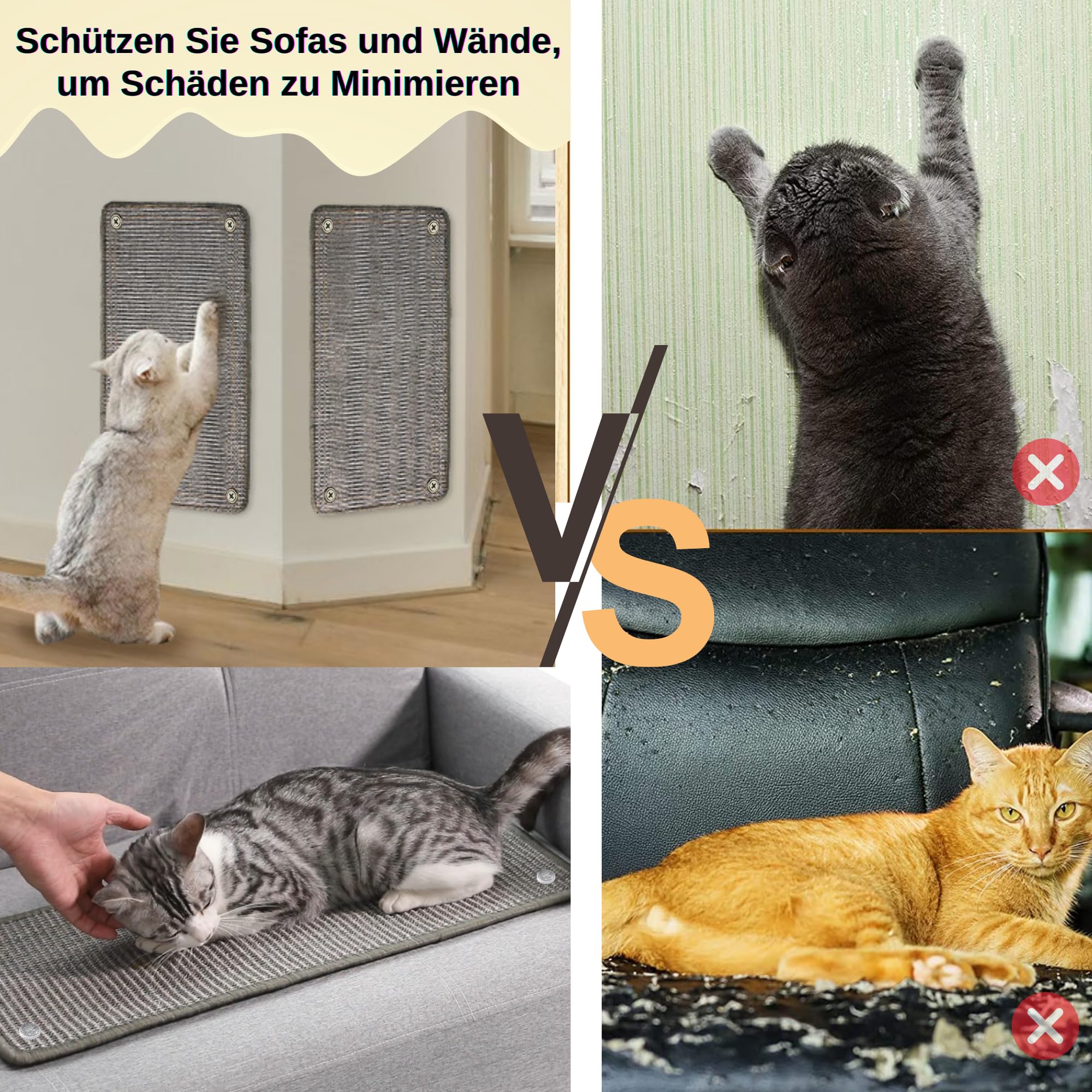 2 Stück Kratzmatte aus Sisal, Kratzmatte für Katzen, mit Klebeband, Katzenkratzmatte, Teppich zum Schutz der Wand, 60 × 25 cm (Braun)
