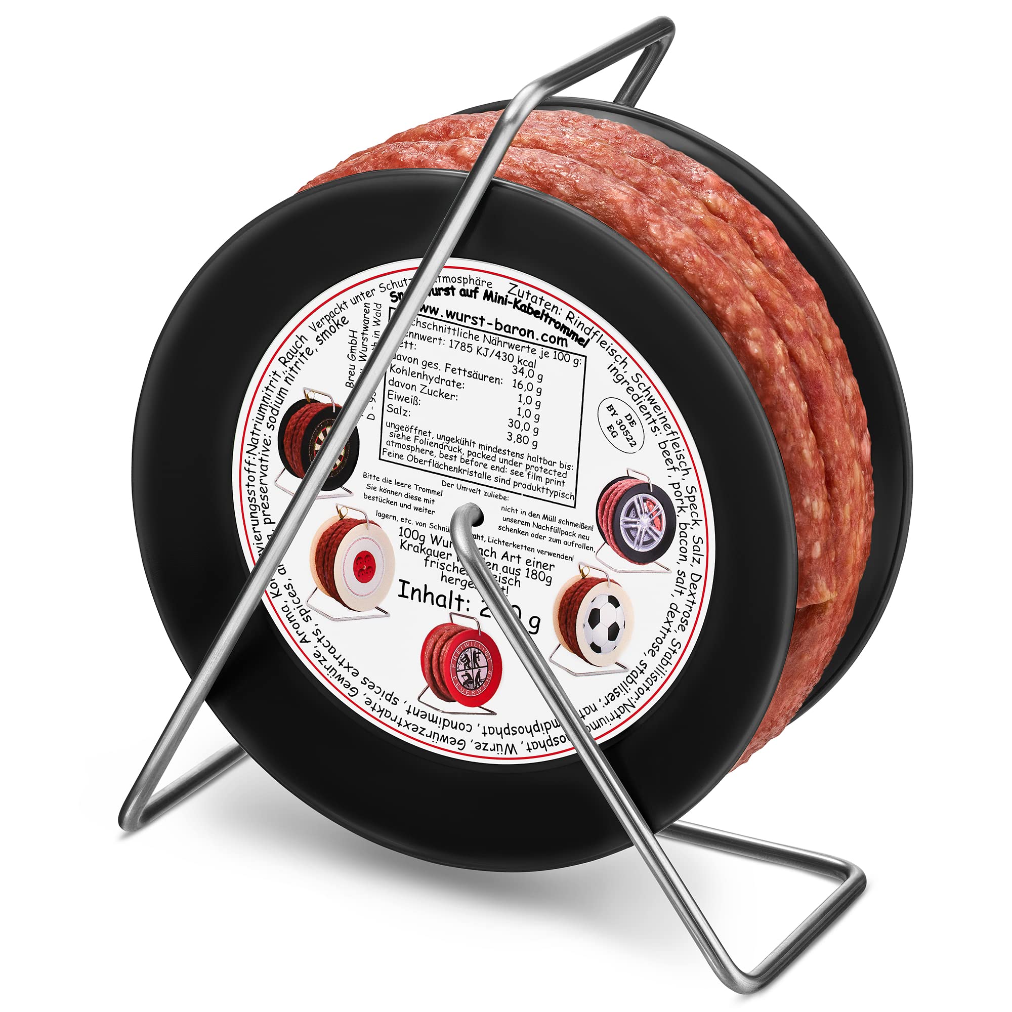 WURSTBARON® Wurstfelge - Snack Wurst Mini-Kabeltrommel auf Felge - 3,5 Meter Wurst nach Krakauer Art - 240 g