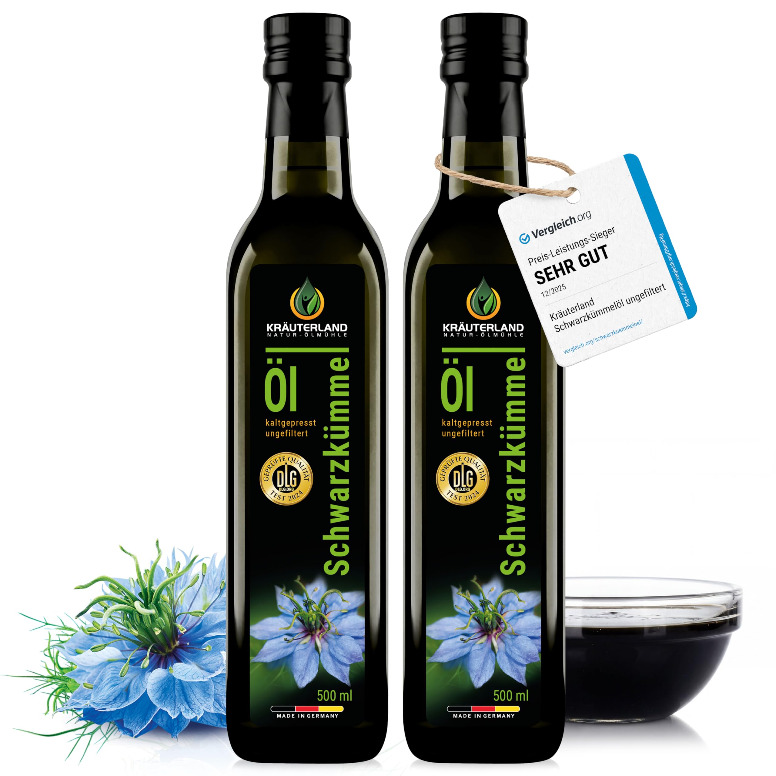 Kräuterland Schwarzkümmelöl 500ml, kaltgepresst & ungefiltert, hoher Thymochinon‑Anteil, ägyptische Samen, mühlenfrisch, 100 % Nigella sativa, naturrein ohne Zusatzstoffe, lichtgeschützten Glas
