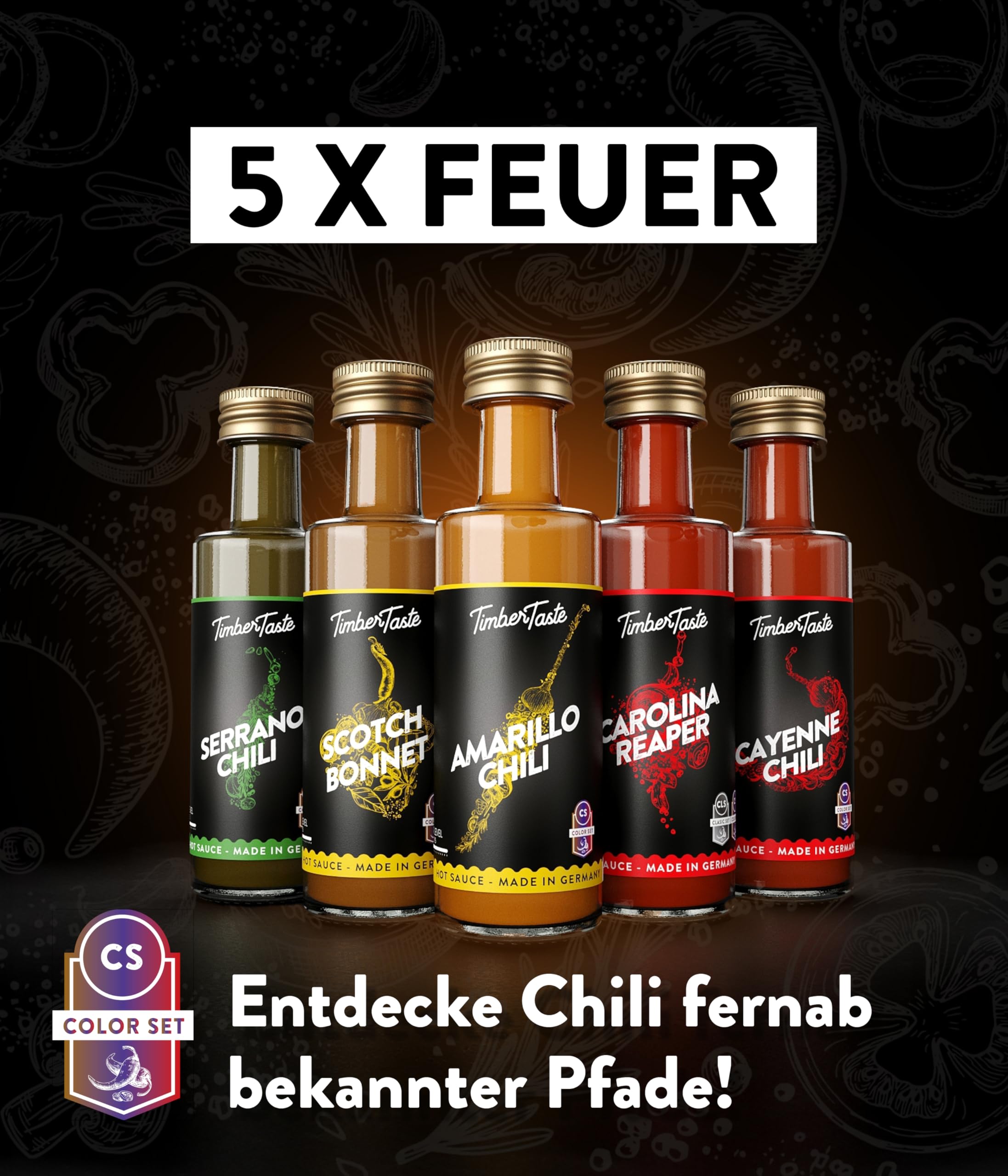 TIMBER TASTE® Chili Geschenkset scharfe Soßen Set - 5 Hot Sauce Set je 40ml in Geschenkverpackung für Liebhaber & Genießer scharfer Saucen | Ostergeschenk Mann | kleine Ostergeschenke Männer