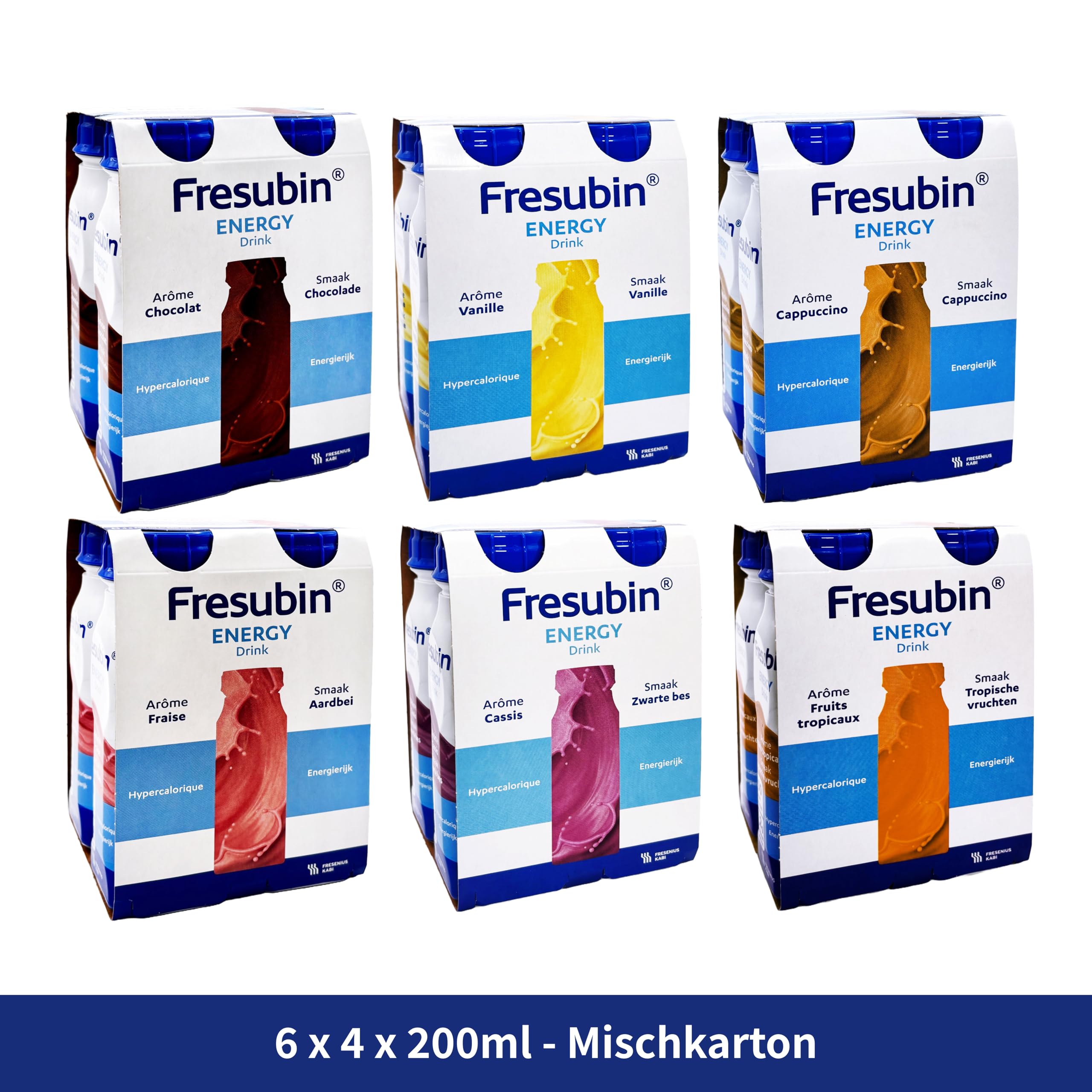 Fresubin Energy Drink - Mischkarton Hochkalorische Trinknahrung von Fresenius Kabi in 6 Geschmacksrichtungen, 300 kcal pro Flasche (200 ml (24er Pack), Mischkarton)