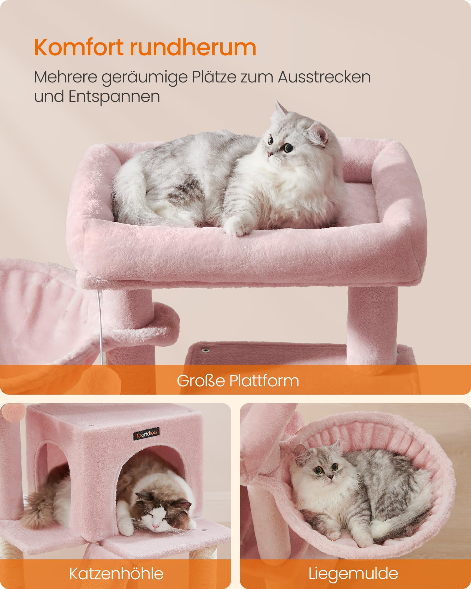 Feandrea Kratzbaum, 96 cm hoch, Katzenbaum mit großer Plattform, Katzenkratzbaum mit Katzenhöhle, Hängematte, Kratzrampe, Plüschball, weicher Plüsch, hellgrau PCT51W