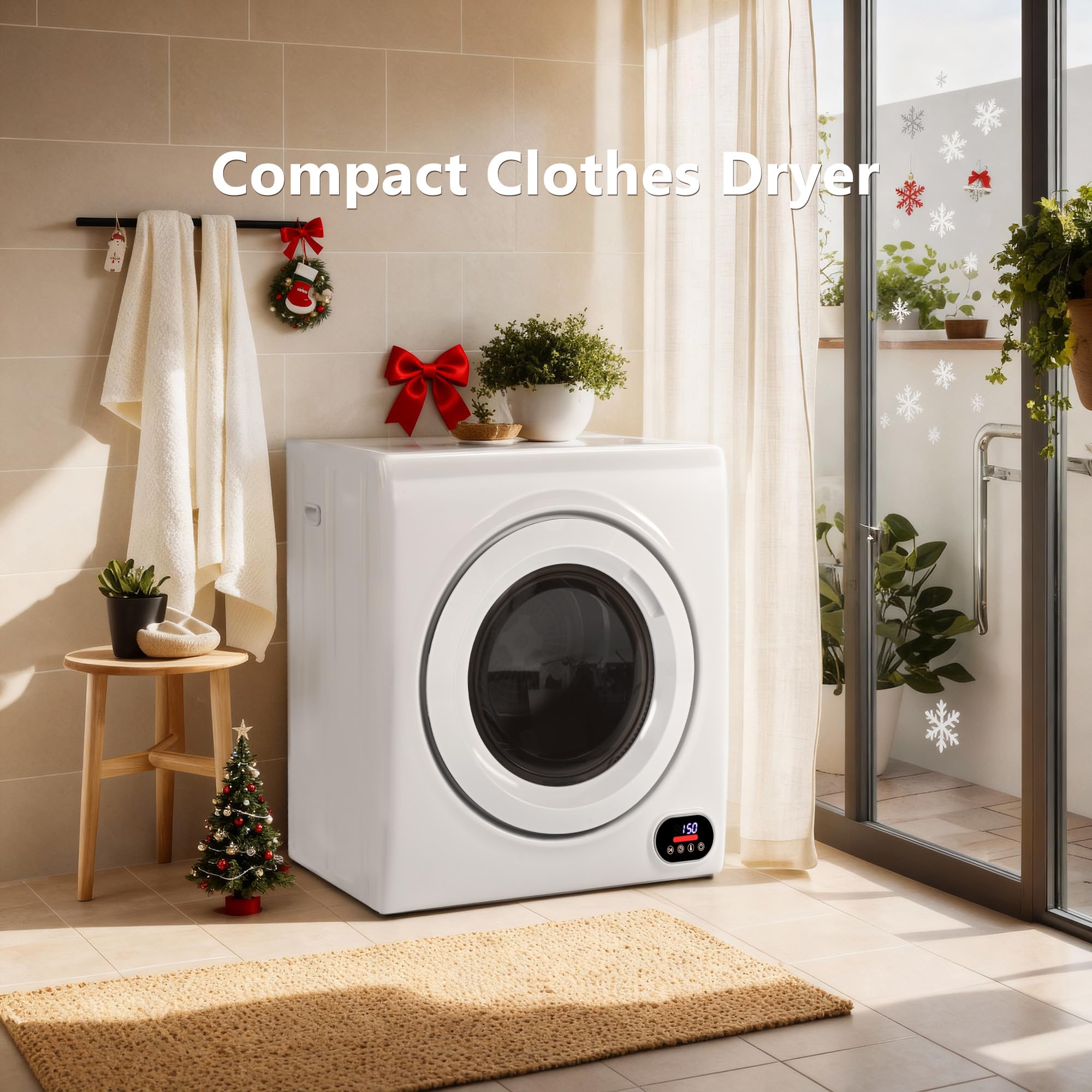 Euhomy Compact Laundry Dryer, 3.5 cu ft Front Load Stainless Steel Clothes Dryers With Exhaust Pipe, 1500W, LCD Control Panel Four-Function Portable Dryer For Apartments, Home, Dorm, White
