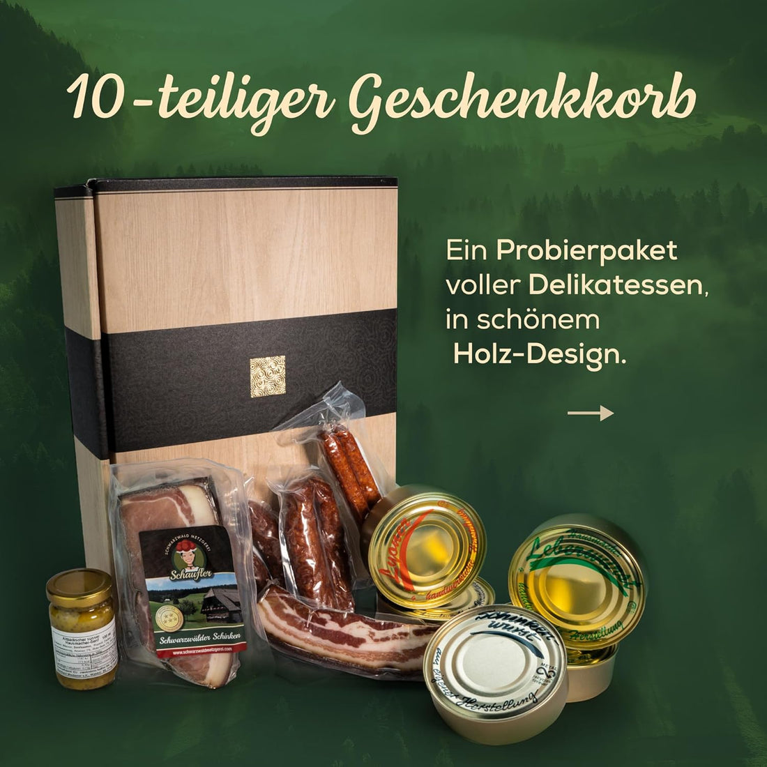 Schwarzwald Metzgerei - Geschenkset "Dosenwurst und mehr" mit verschiedenen Wurtsspezialitäten, Altbadischem Senf, Schinken und Speck - 10-teilig