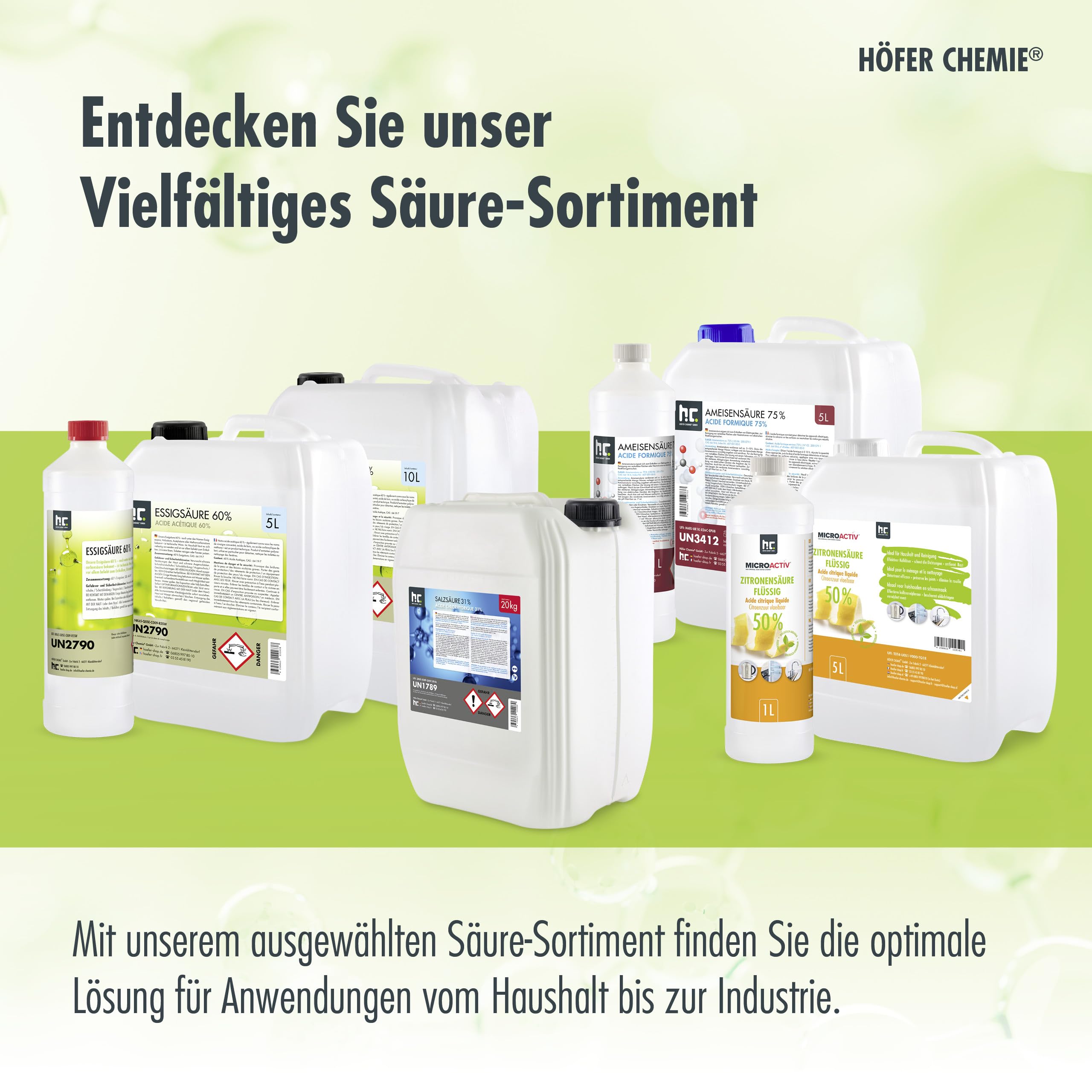 Höfer Chemie 2 x 10 L Essigsäure 60% - optimaler Reiniger und Entkalker - Premium Qualität Made in Germany - frisch abgefüllt im handlichen Kanister
