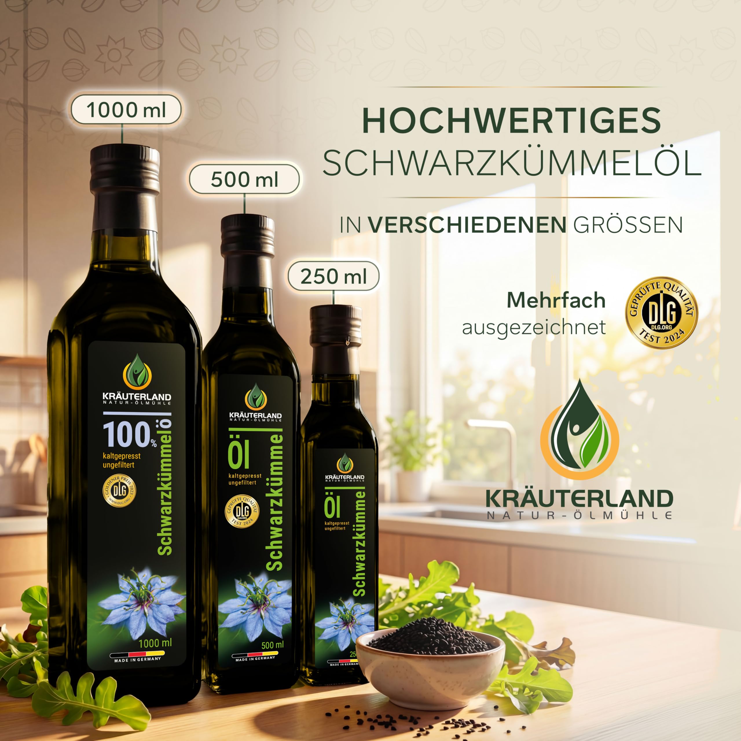 Kräuterland Schwarzkümmelöl 500ml, kaltgepresst & ungefiltert, hoher Thymochinon‑Anteil, ägyptische Samen, mühlenfrisch, 100 % Nigella sativa, naturrein ohne Zusatzstoffe, lichtgeschützten Glas