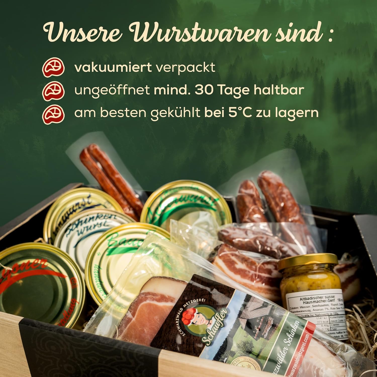 Schwarzwald Metzgerei - Geschenkset "Dosenwurst und mehr" mit verschiedenen Wurtsspezialitäten, Altbadischem Senf, Schinken und Speck - 10-teilig