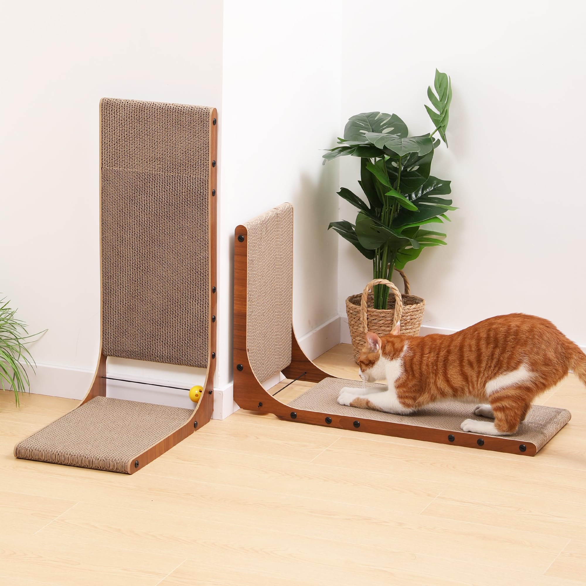 FUKUMARU Kratzbrett Katzen, 68 cm hohe L förmige Kratzpappe für Katzen, widerstandsfähig Katzenkratzbrett mit Ballspielzeug, Kratzmöbel aus hochwertiger Karton für Wand und Ecke, Groß