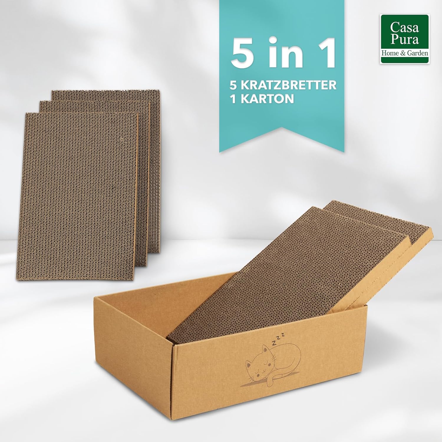 casa pura Katzenkratzbox Tiger mit 5 Kratzbrettern - 43,5 x 29,5 x 14 cm - Doppelseitige Kratzpappe für Katzen - Kratzbrett Katze zur Krallenpflege