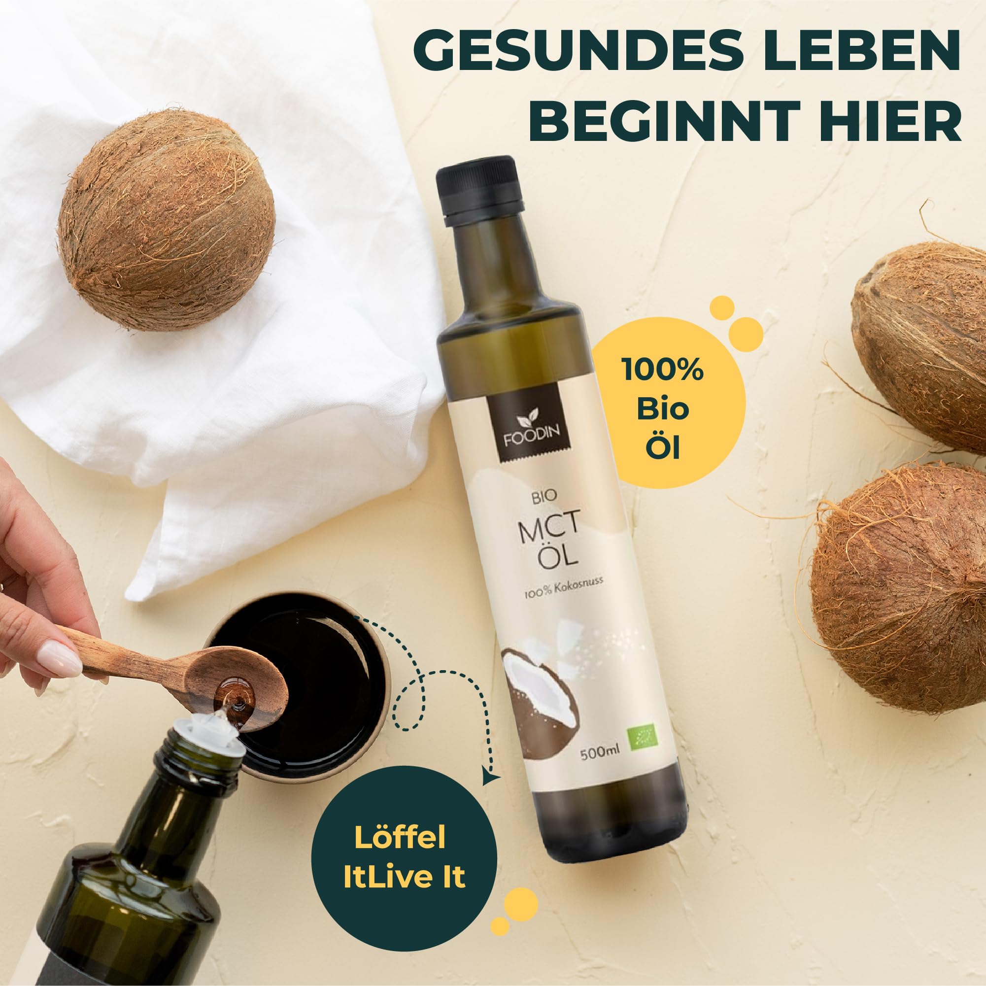 FOODIN MCT Öl 1000ml (2 x 500 ml) aus 100% Kokosöl, Medium-Chain Triglyceride (MCT) Oil, Hergestellt aus produzierter Kokosnuss, 100% glutenfrei und vegan, Ideal für Ketogene Ernährung