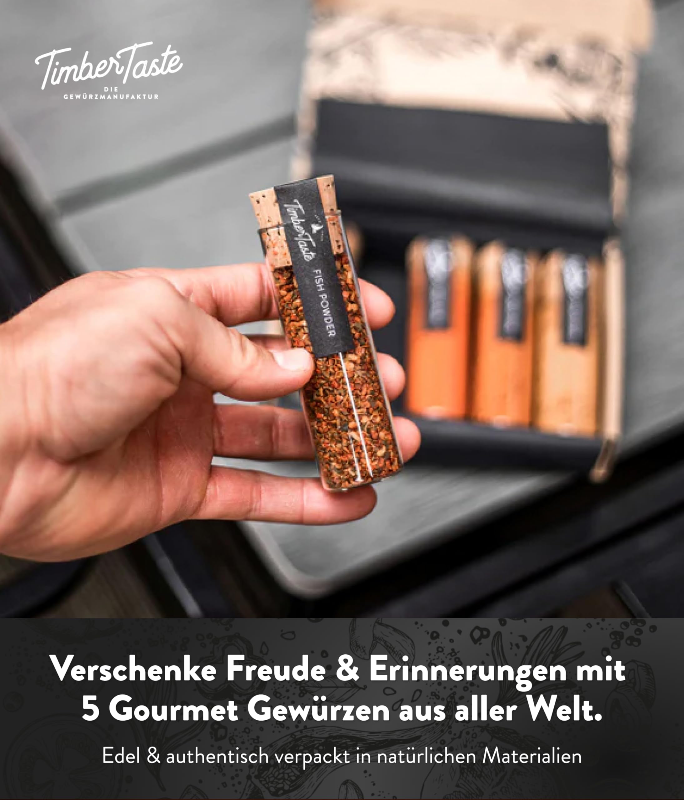 TIMBER TASTE® Grillgewürze Geschenkset - 5 premium BBQ Gewürze Rubs & Marinaden in edler Geschenkbox | Geschenke für Männer | Vatertag Geschenk | Gewürze Geschenkset ideal zum Grillen Geschenk Set