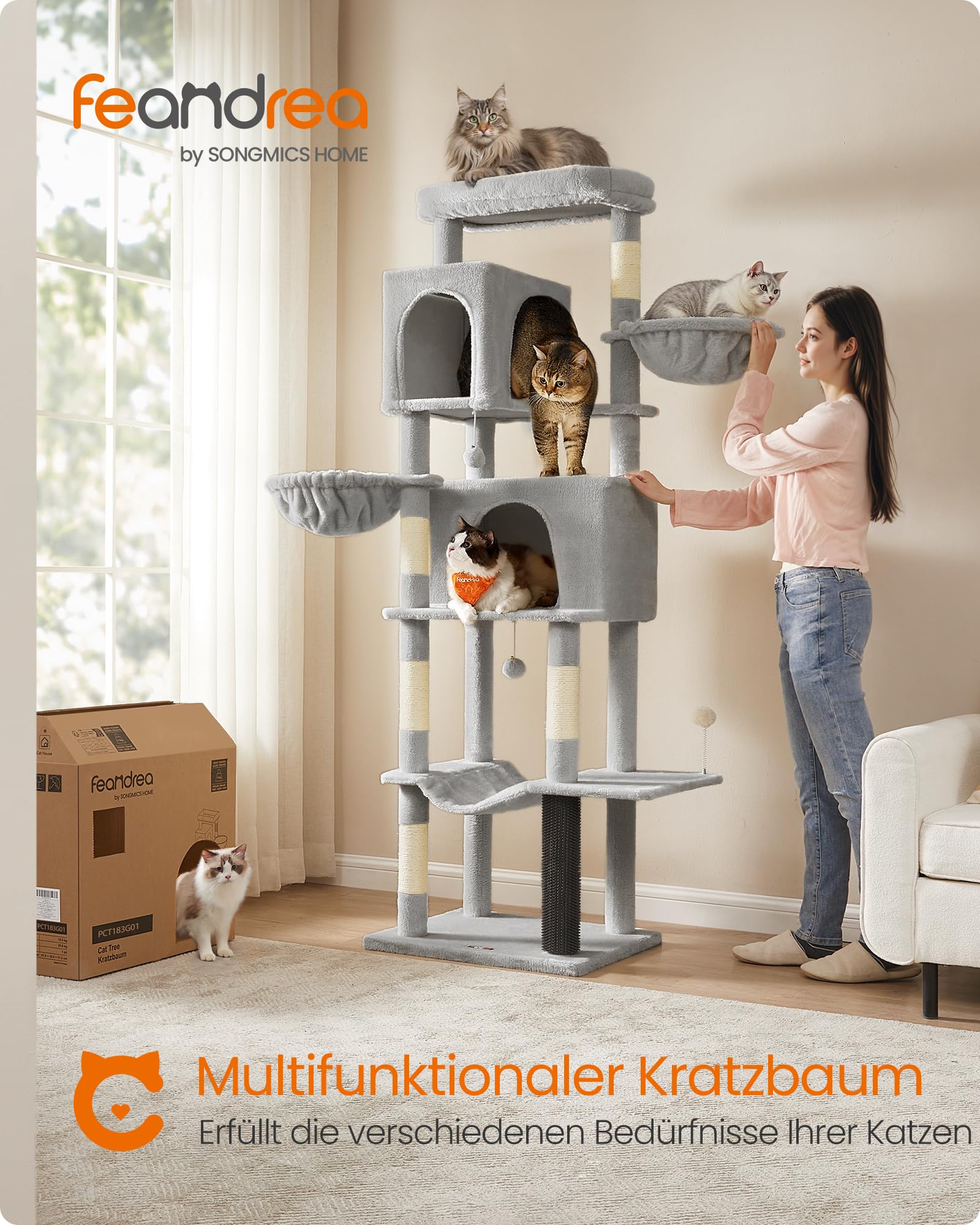Feandrea Kratzbaum, 175 cm hoch, XL, mehrstöckiger Katzenbaum mit 2 Höhlen, 2 Liegemulden, 5 Kratzsäulen, Katzenbürste, große Plattform, Taubengrau PCT182G01