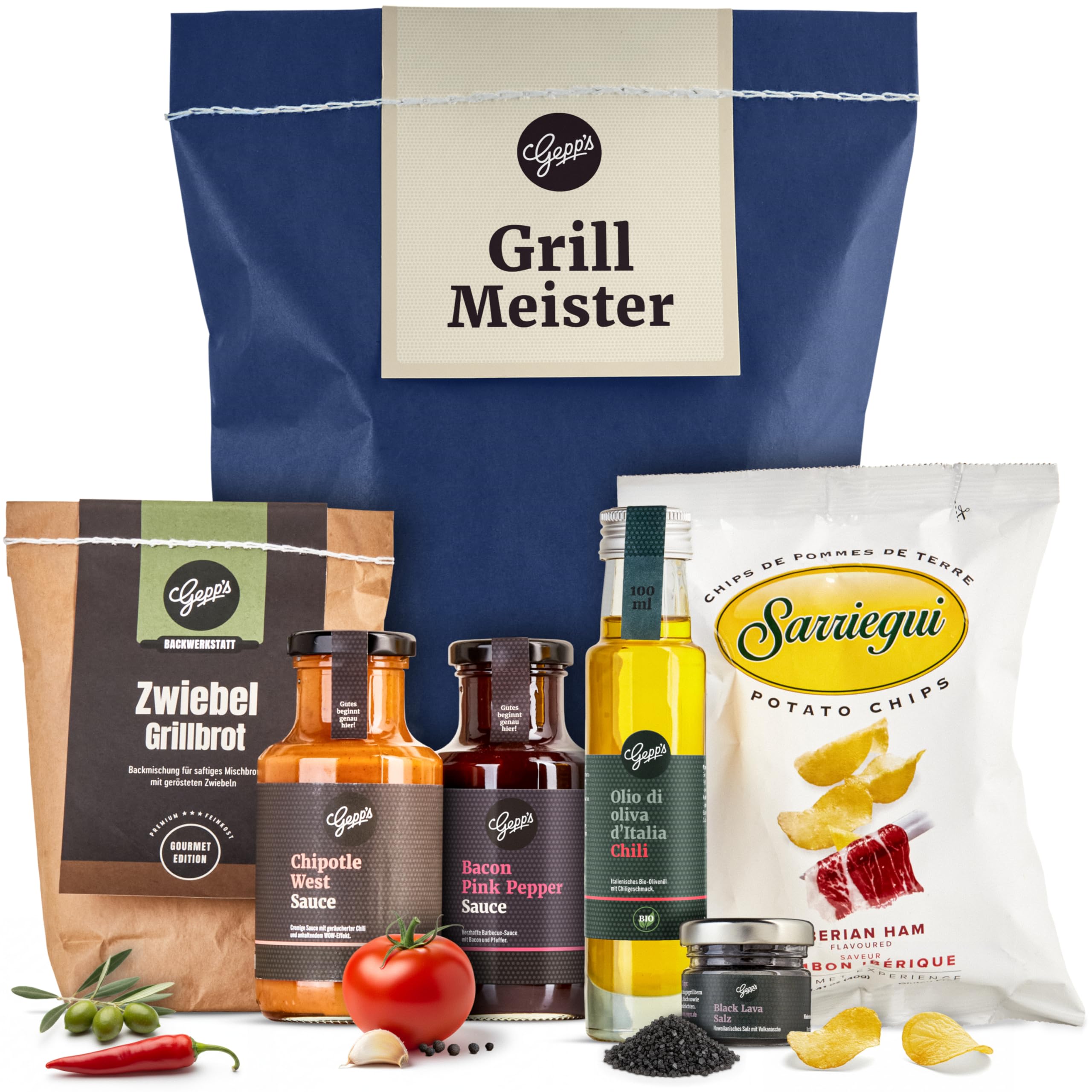 Gepp’s Feinkost Herrenhandtasche I Lustiges Männergeschenk gefüllt mit Delikatessen wie Knoblauch-Chili-Sauce, Edelkräuter-Olivenöl, Texas BBQ Rub I Geschenkidee für Männer