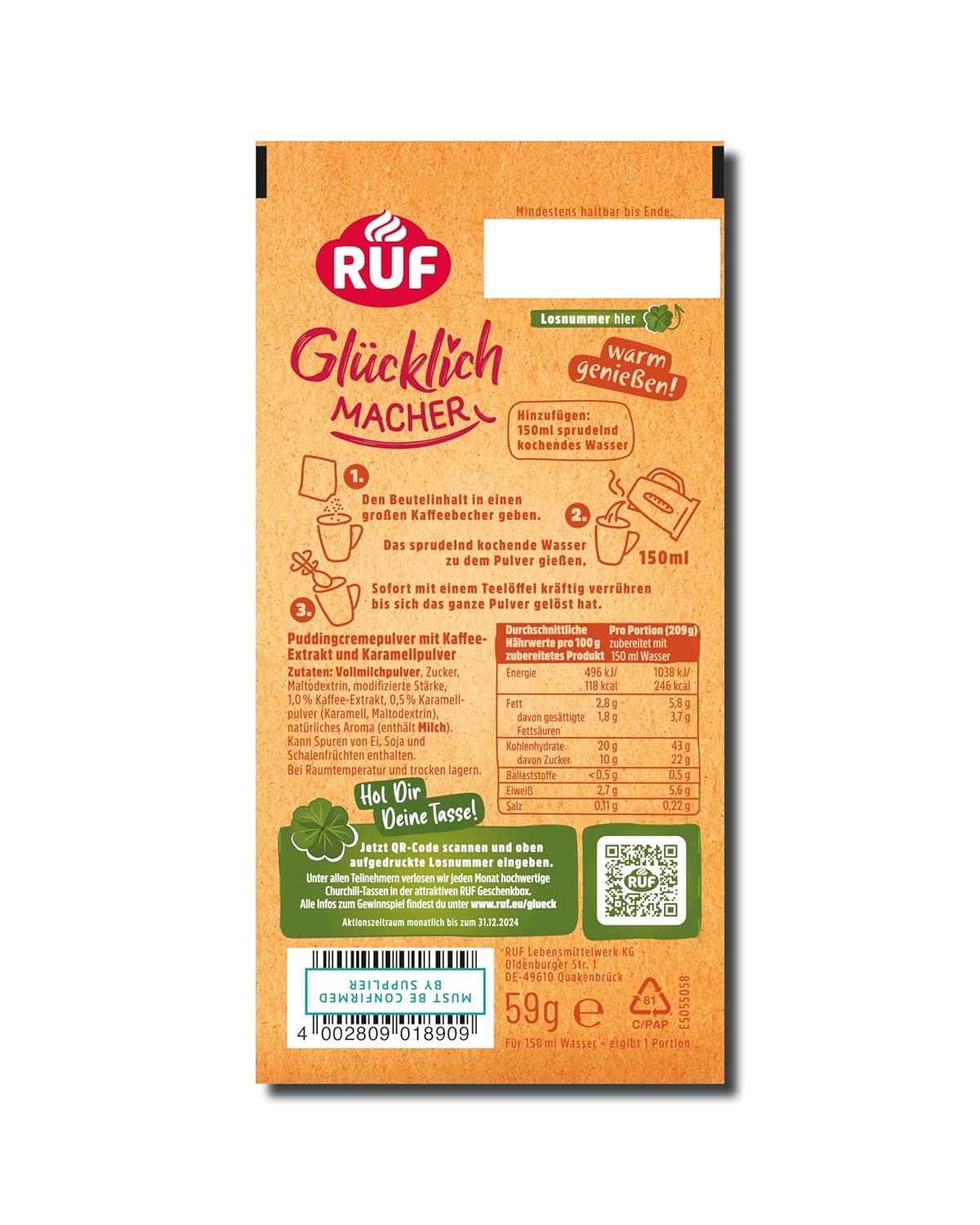 RUF Glücklichmacher Tassenpudding Schokolade, Cremepudding für schnelle Desserts, Tassencremepudding, nur Wasser hinzufügen, 1 x 59g Beutel