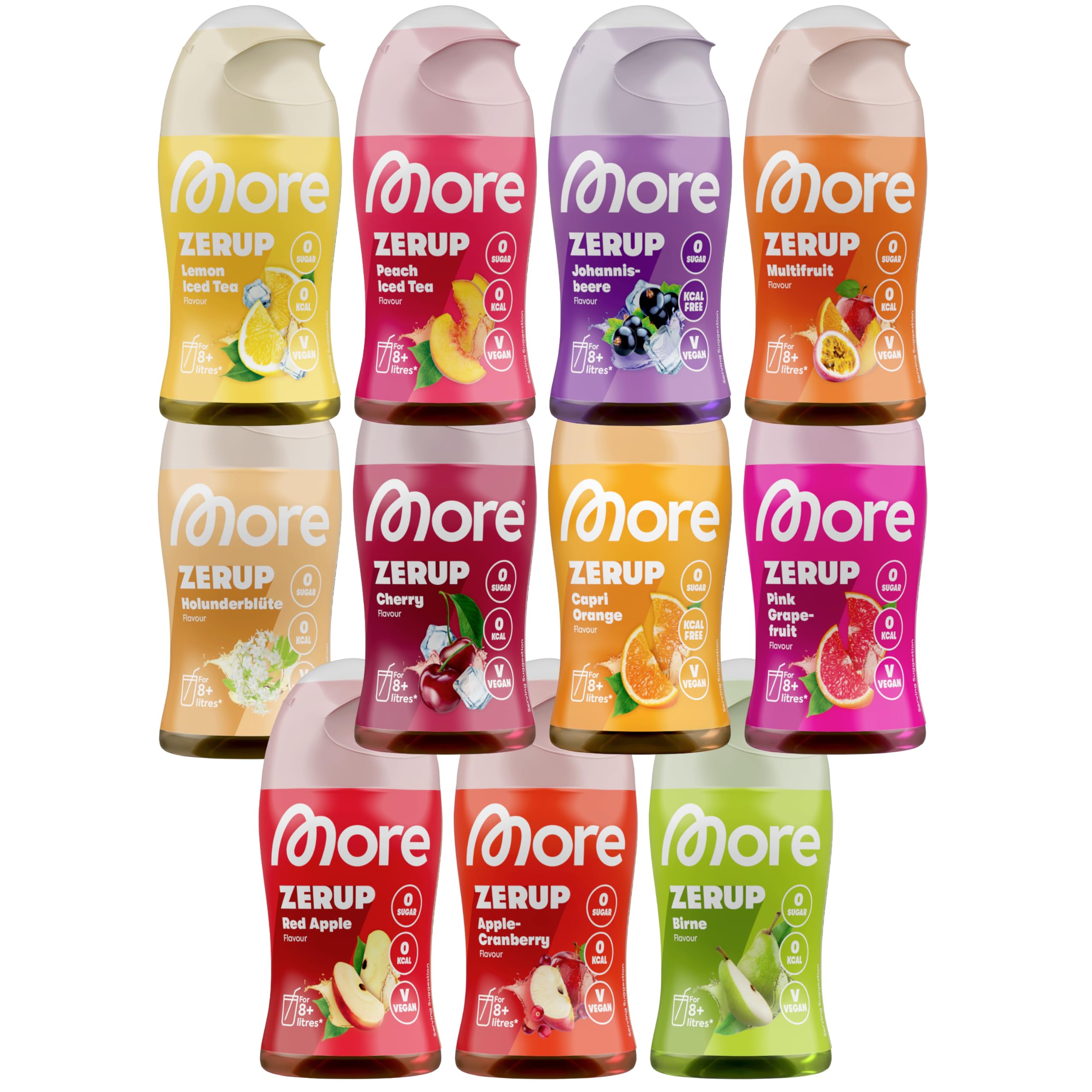 MORE Zerup, mixed 6er Bundle, 6 x 65 ml, verschiedene Sorten, für bis zu 48 l Fertiggetränk, zuckerfreier Sirup mit u.a. echten Fruchtextrakten, vegan, zero Kalorien - made in Germany
